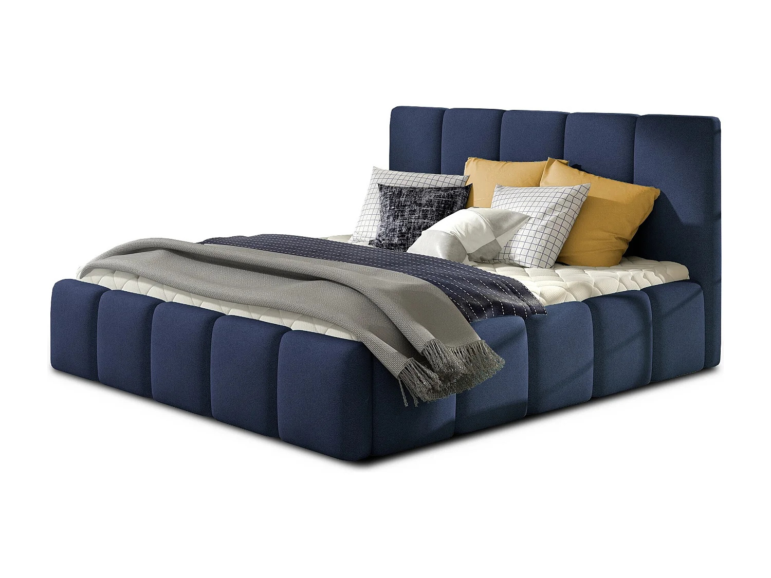 Modern gestoffeerd bed in Vika-stof-Kleur Middernacht blauw-Slapen 160x200cm-Versie met boxspring