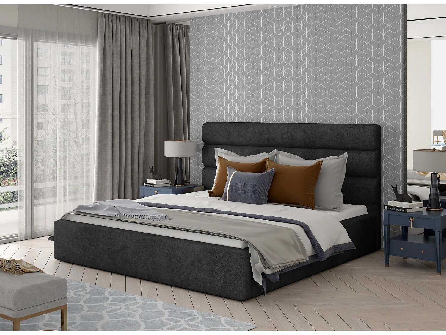 Lit design tissu anthracite avec coffre de rangement Klarina - 4 tailles-140x200