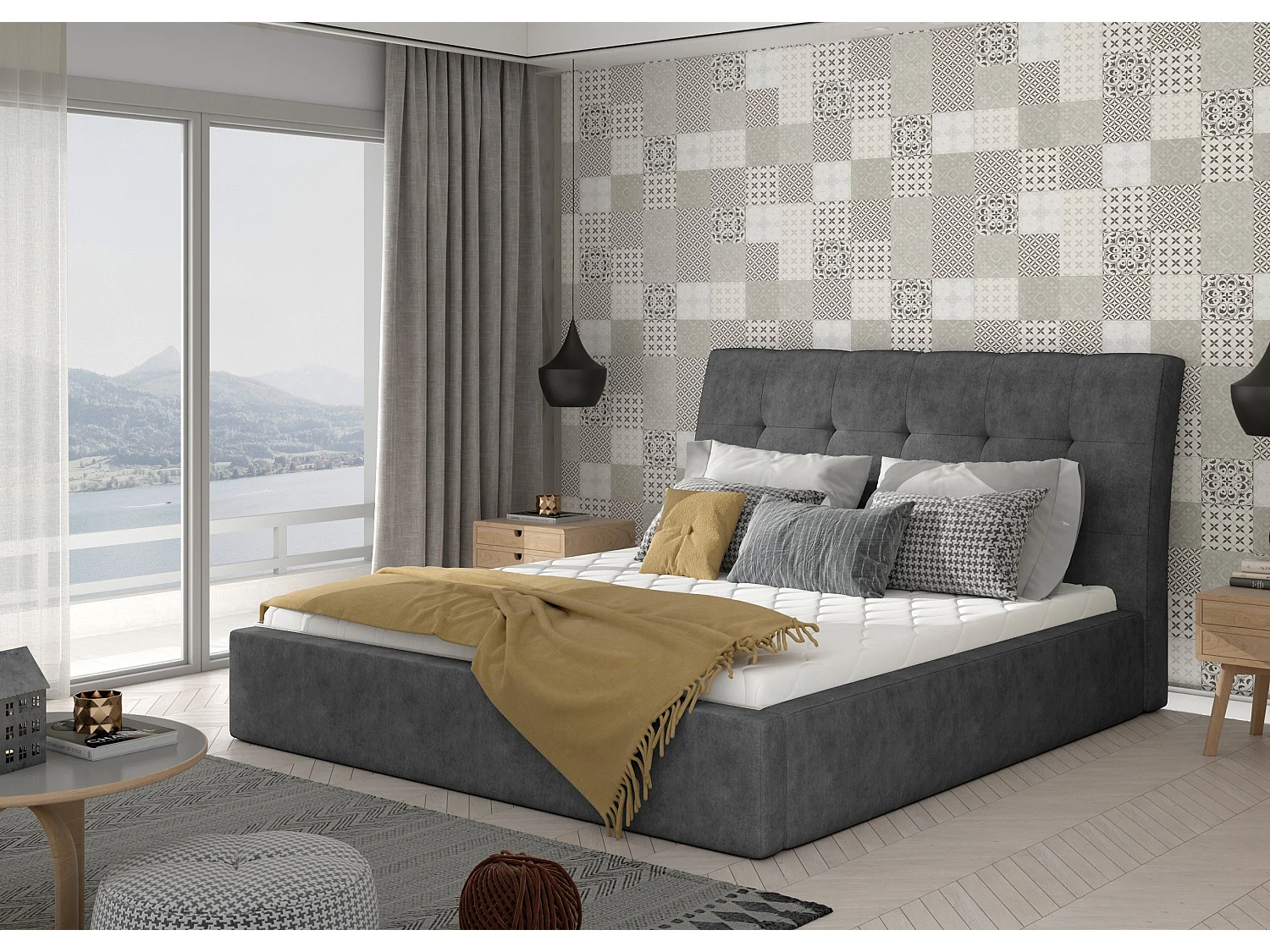 Lit capitonné avec rangement tissu gris foncé Klein - 4 tailles-160x200