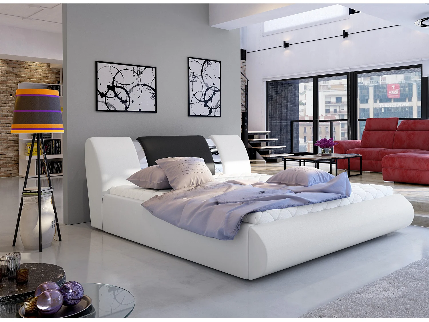 Lit coffre 160x200 simili blanc-noir et métal chromé Flavien