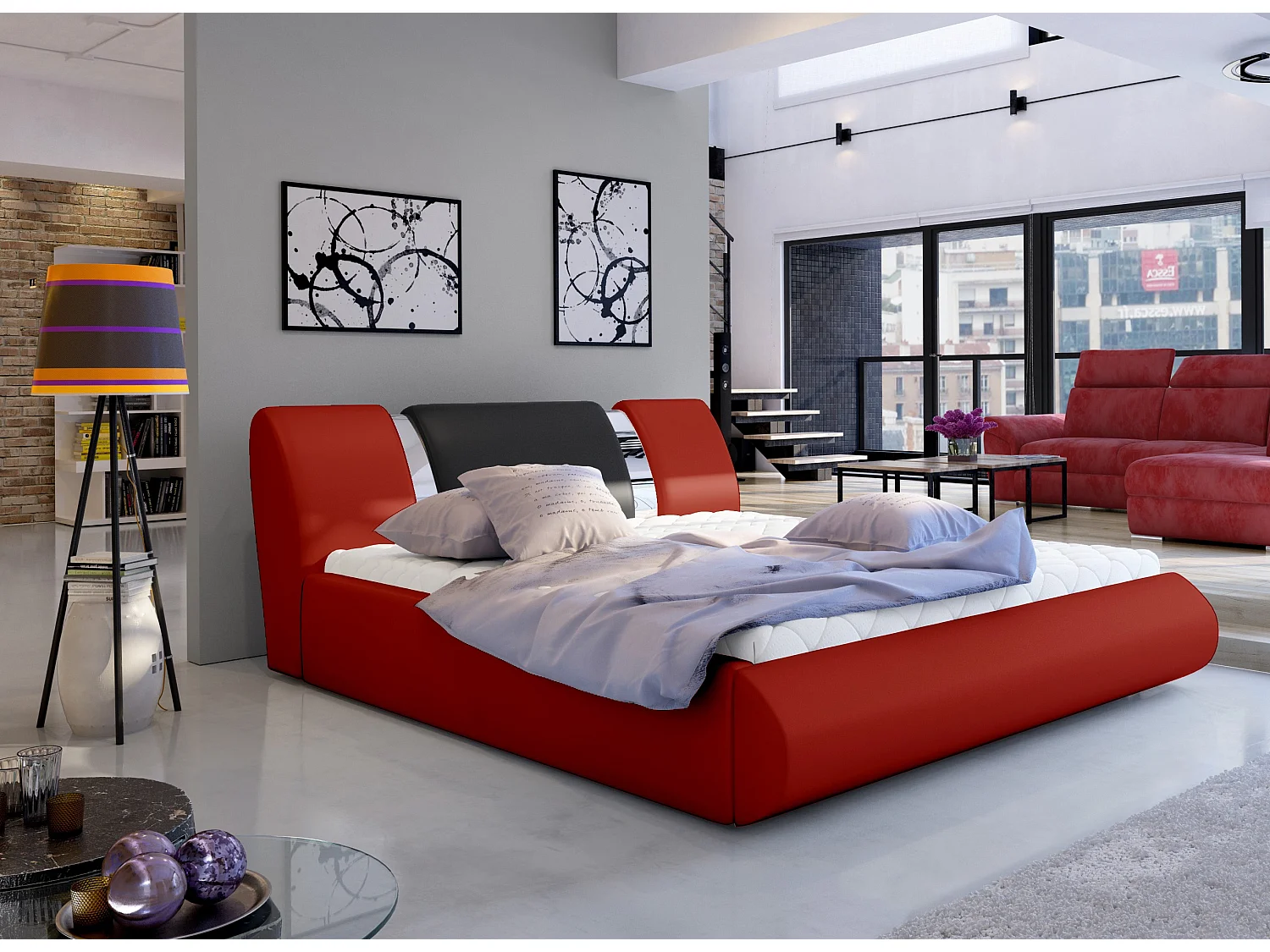 Lit coffre 160x200 simili rouge-noir et métal chromé Flavien