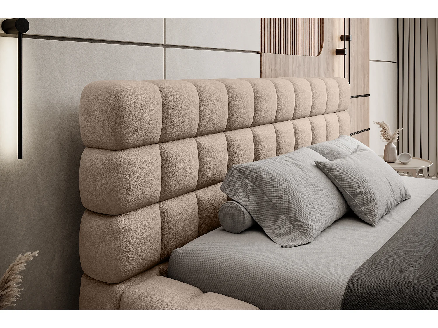 Lit coffre design avec capitonnage velours Kaizer-Couleur Beige-140x200