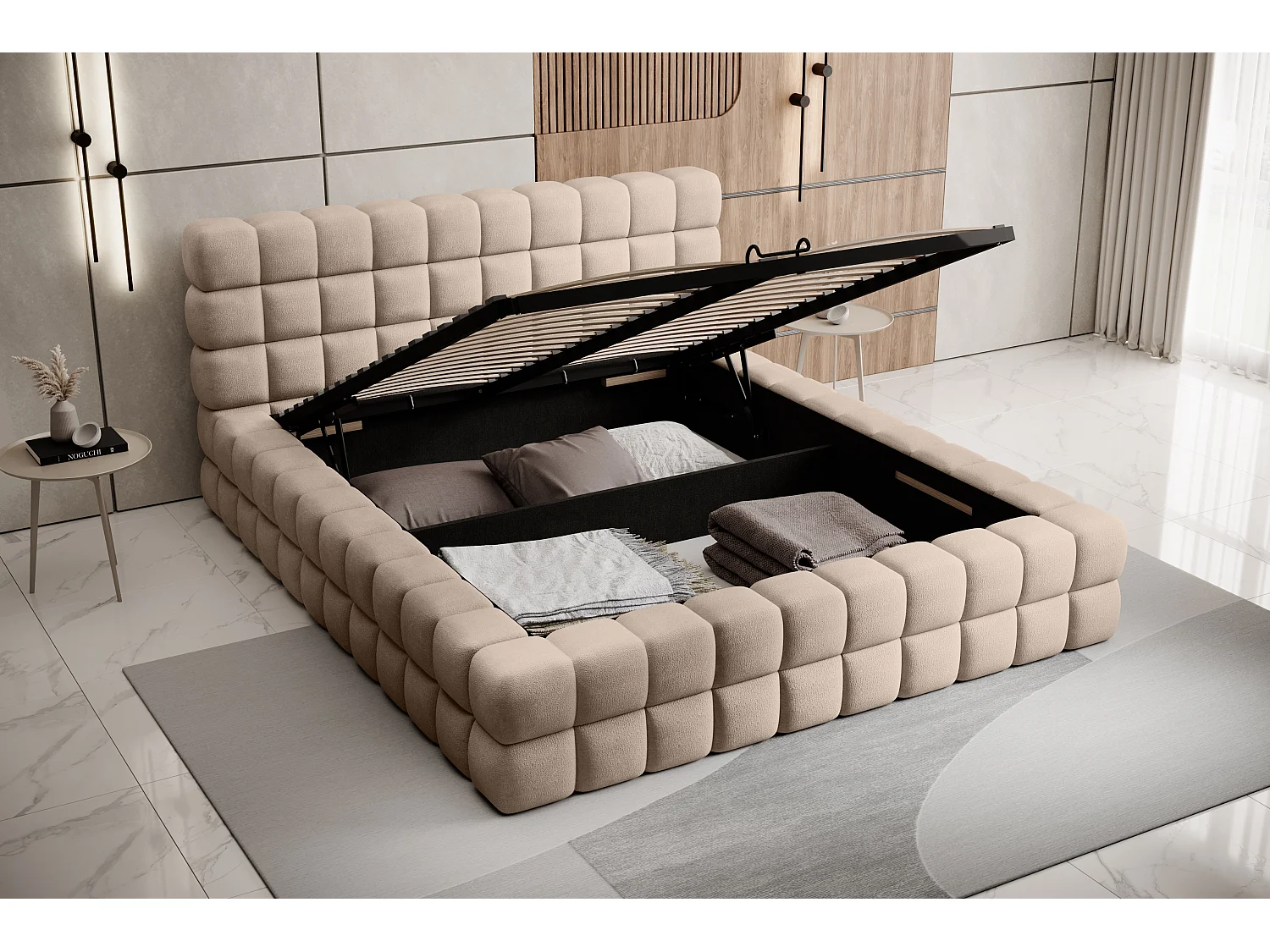 Lit coffre design avec capitonnage velours Kaizer-Couleur Beige-140x200