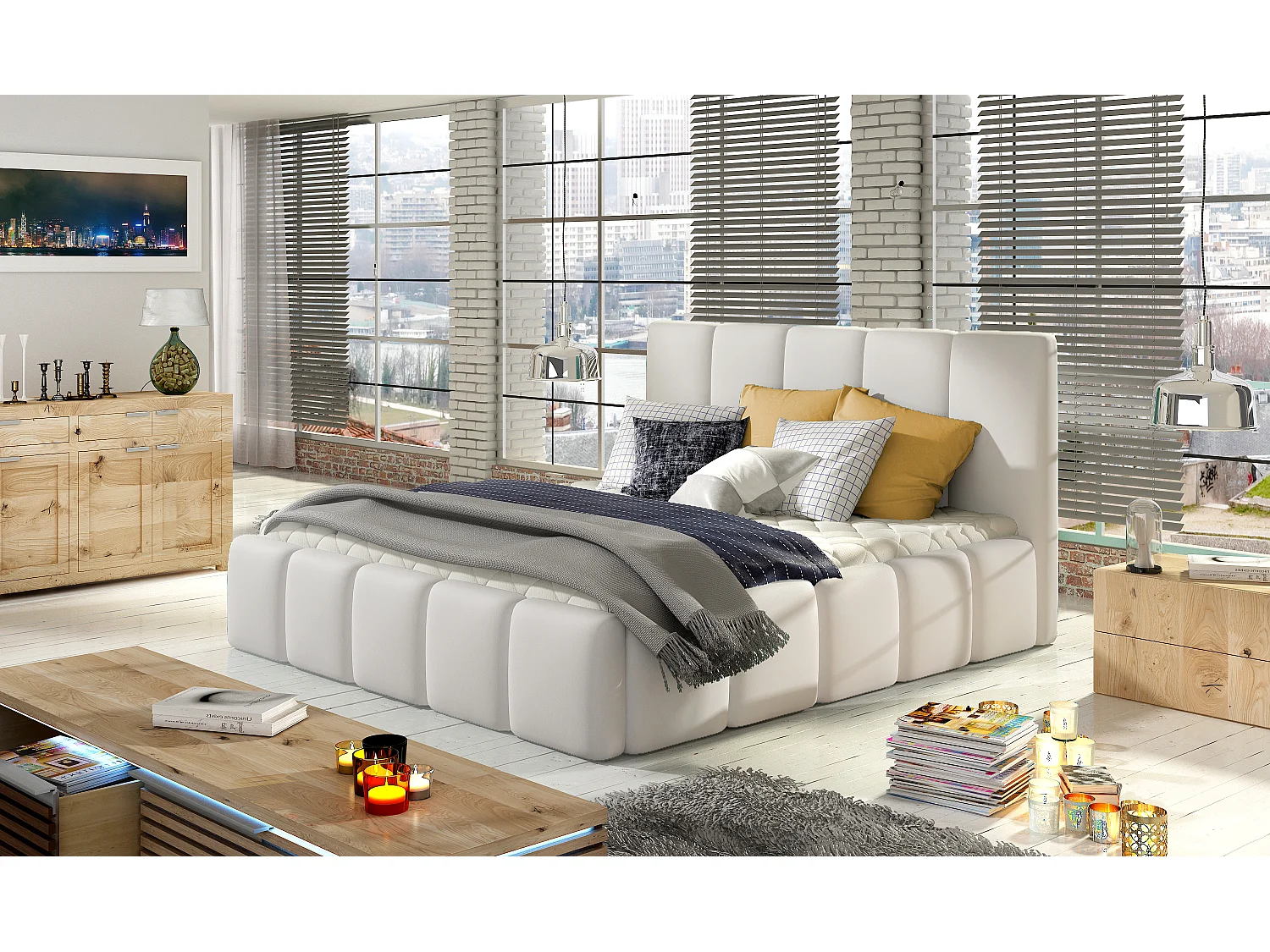 Vika modern gestoffeerd kunstleer bed-Kleur Licht beige-Slapen 160x200cm-Versie met boxspring