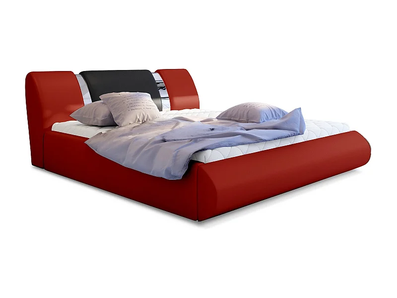 Lit coffre 140x200 simili rouge-noir et métal chromé Flavien