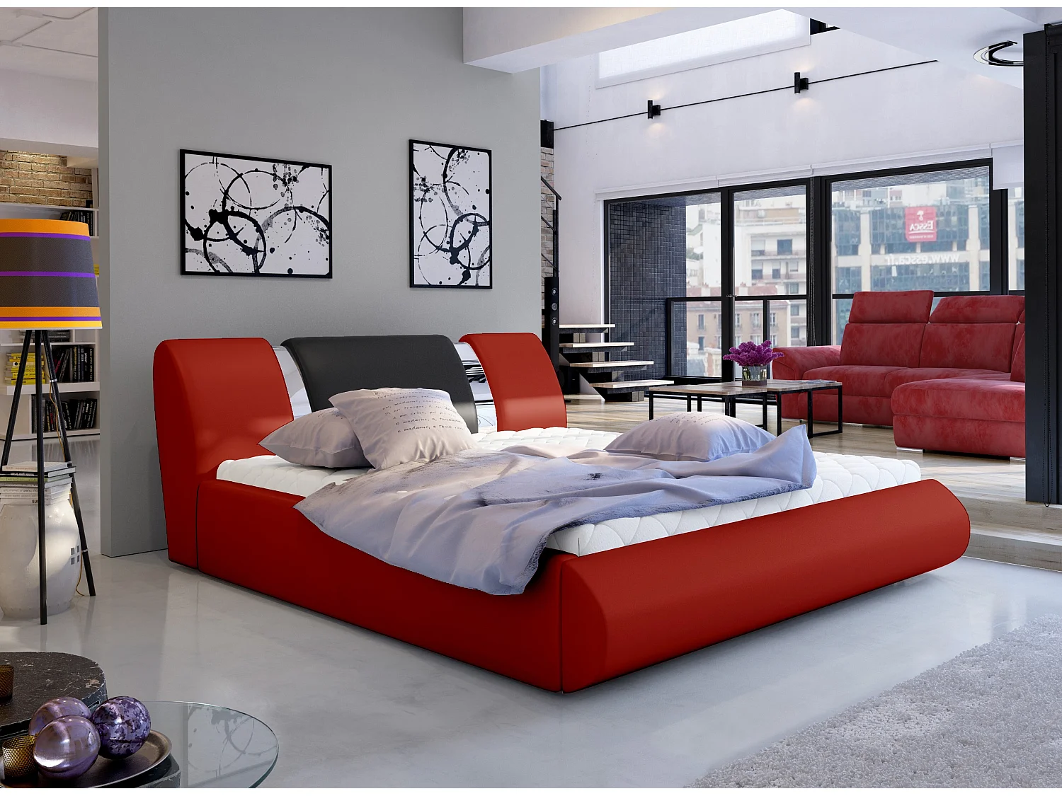 Lit coffre 140x200 simili rouge-noir et métal chromé Flavien