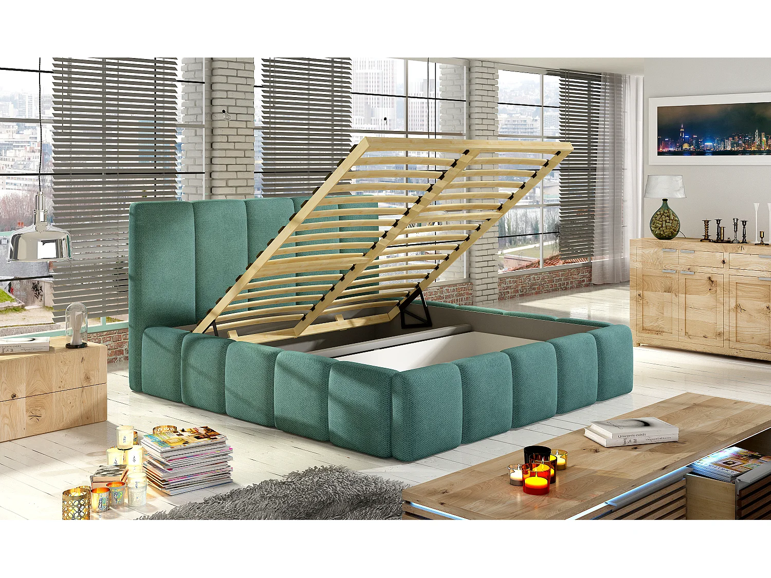 Lit moderne capitonné tissu Vika-Couleur Beige chiné-180x200