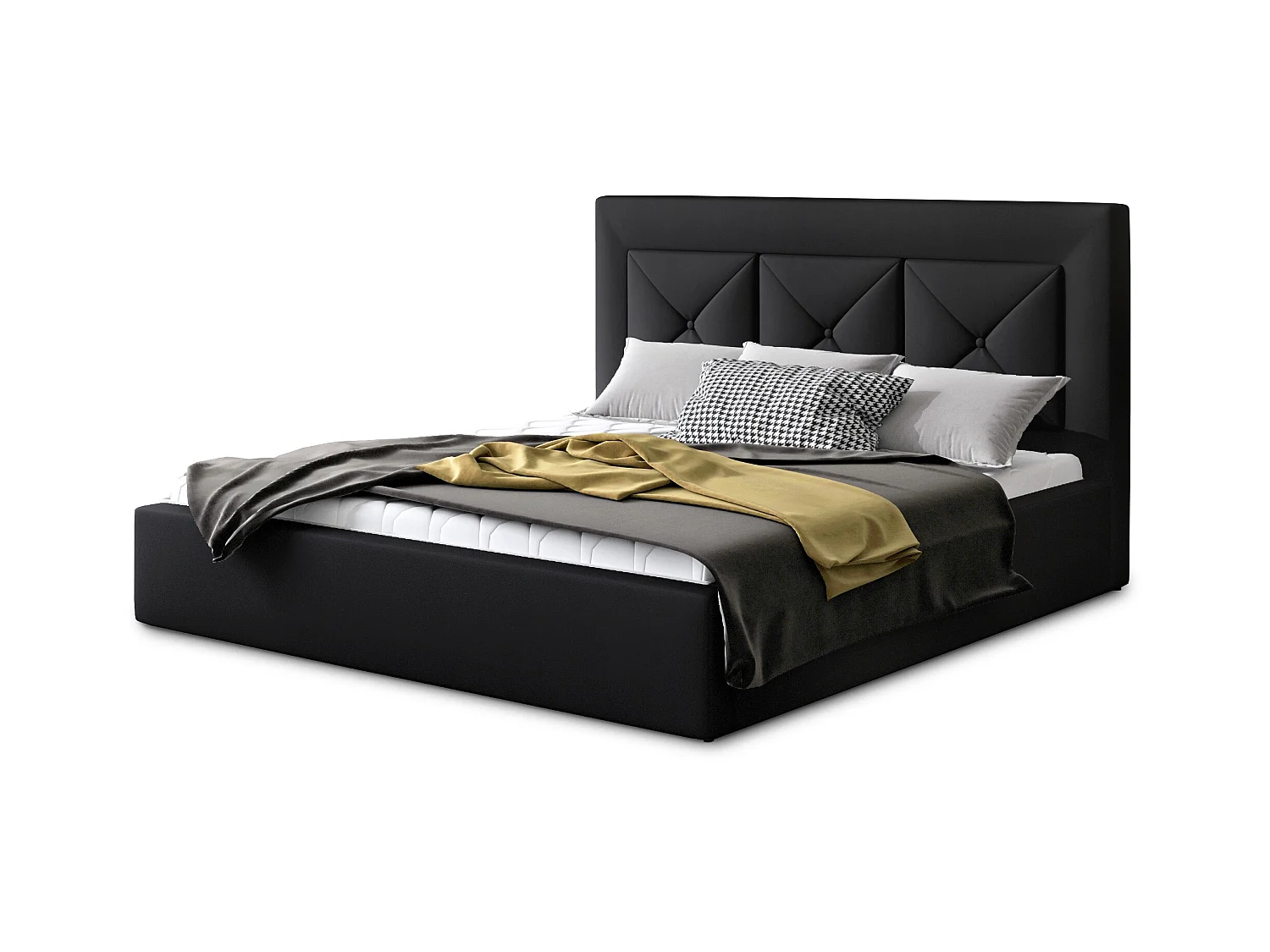 Lit double rembourré en simili cuir Clarin-Couleur Noir-140x200-Version avec sommier