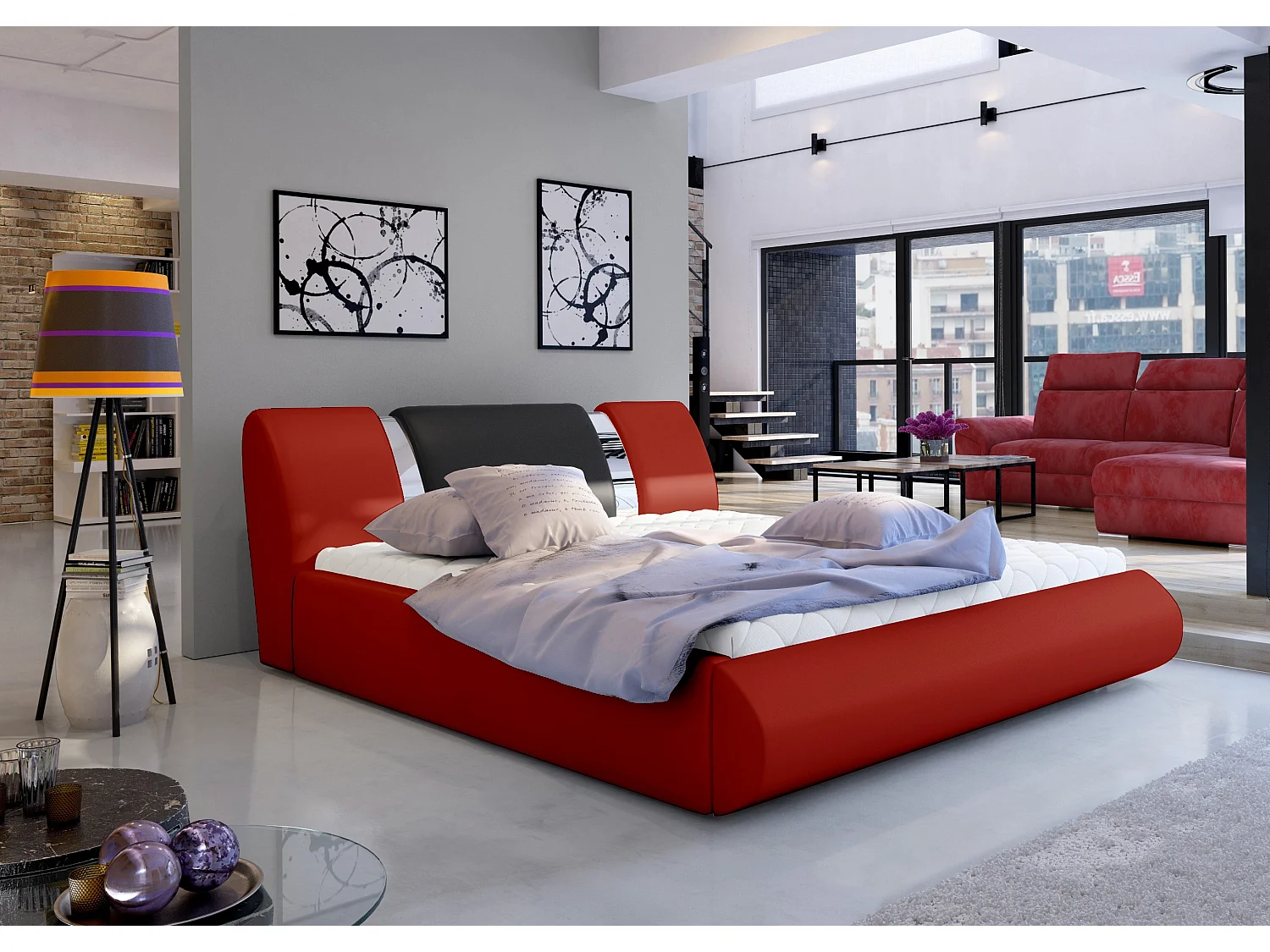 Opbergbed 180x200 cm rood/zwart imitatie en chroom metaal Flavien