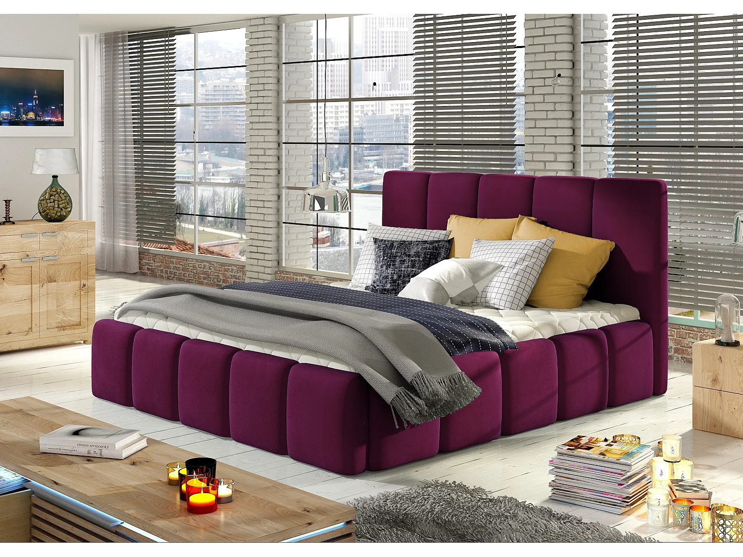 Lit moderne capitonné velours Vika-Couleur Magenta foncé-160x200