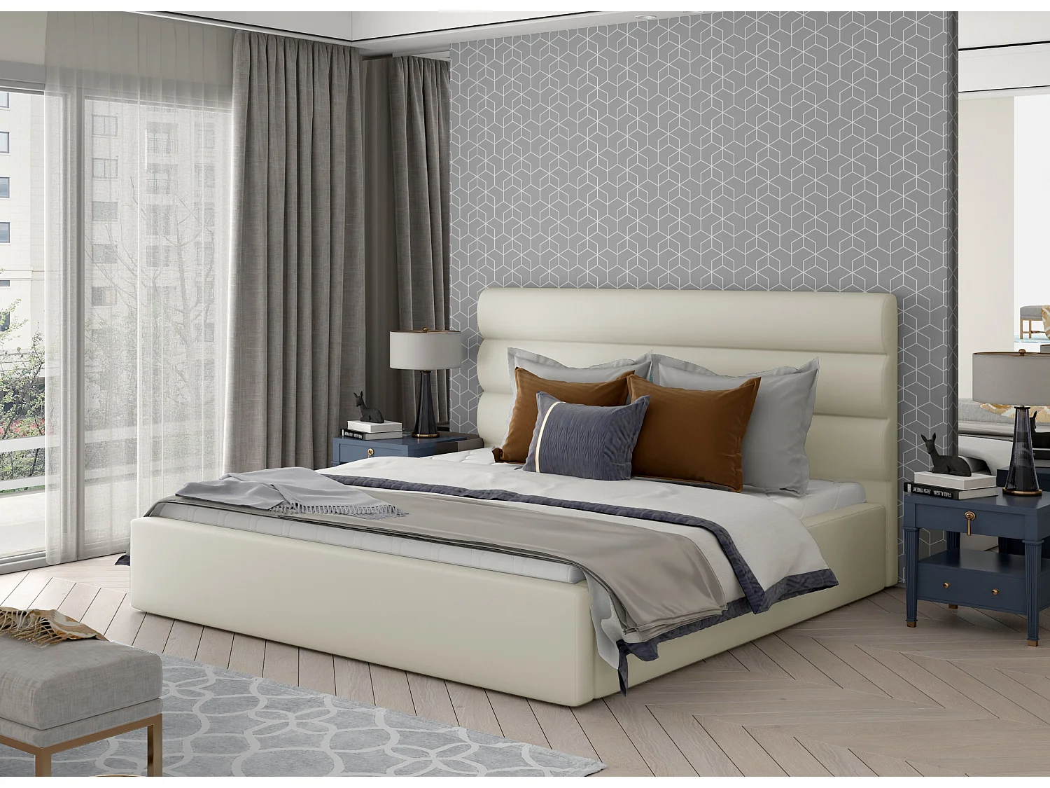 Lit design simili cuir beige clair avec coffre de rangement Klarina - 4 tailles-140x200