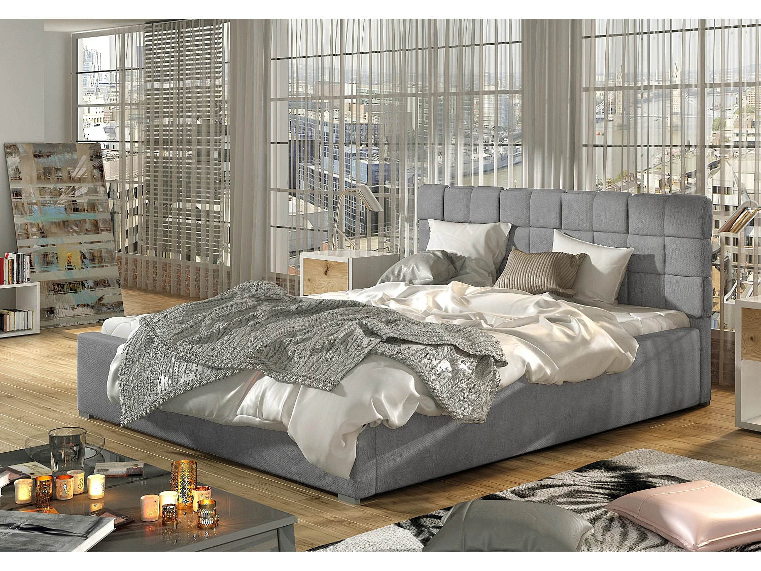 Lit avec coffre de rangement 180x200 capitonné velours gris Kandy
