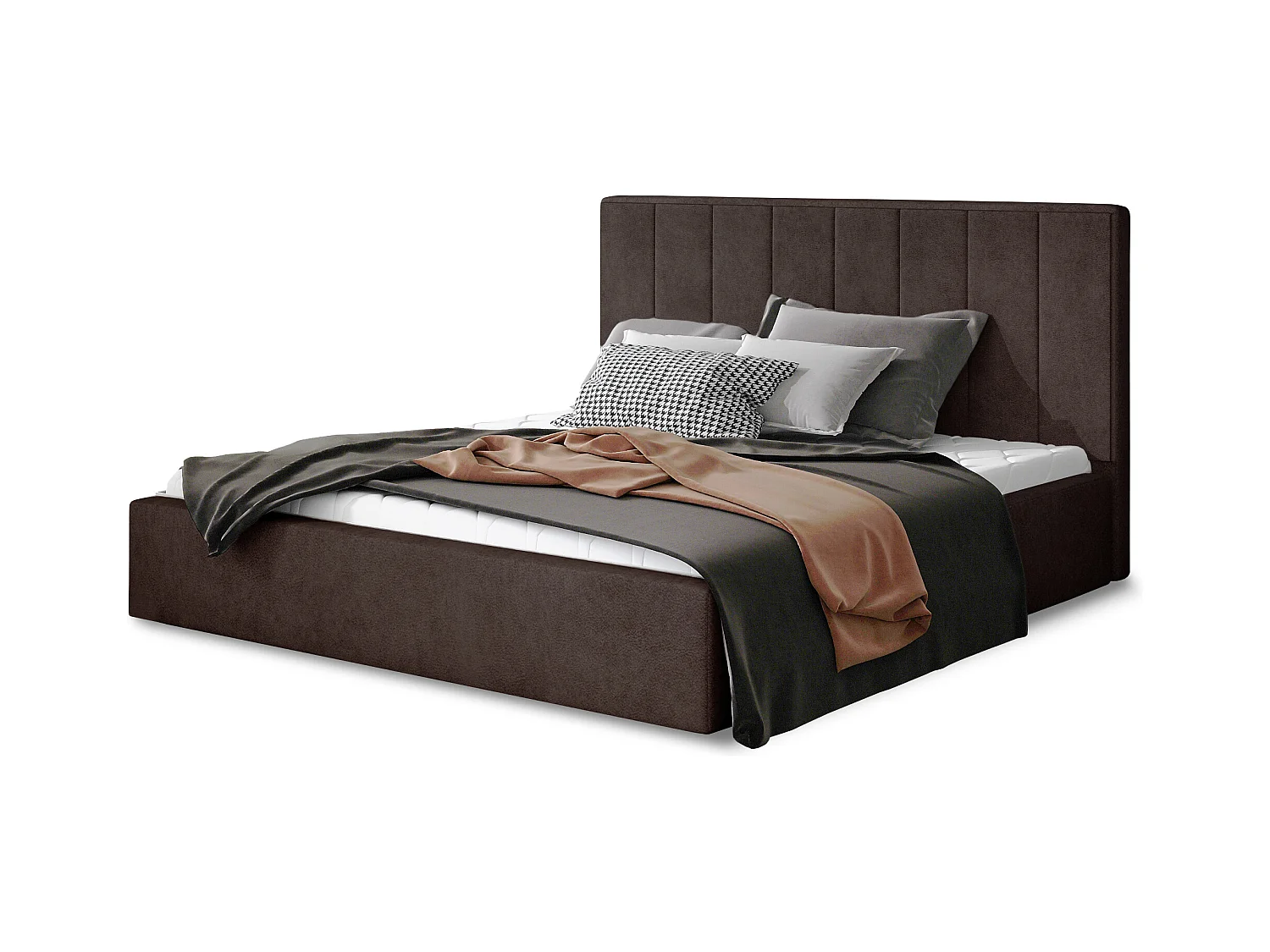 Lit adulte avec coffre de rangement Vareza – Tissu matelassé-Marron foncé-160x200
