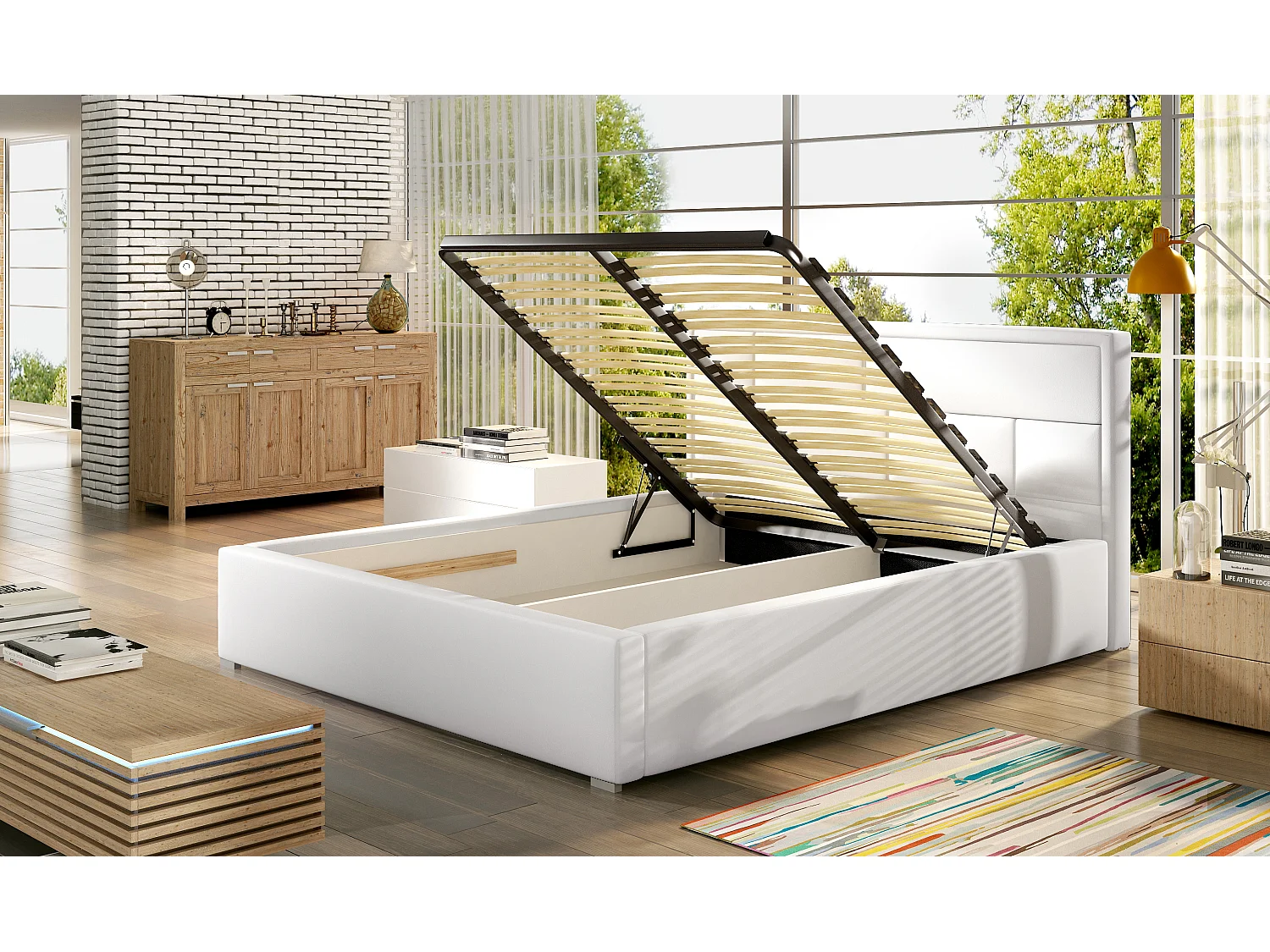 Lit avec coffre velours vert tête de lit capitonnée Lenzo - 4 tailles-140x200