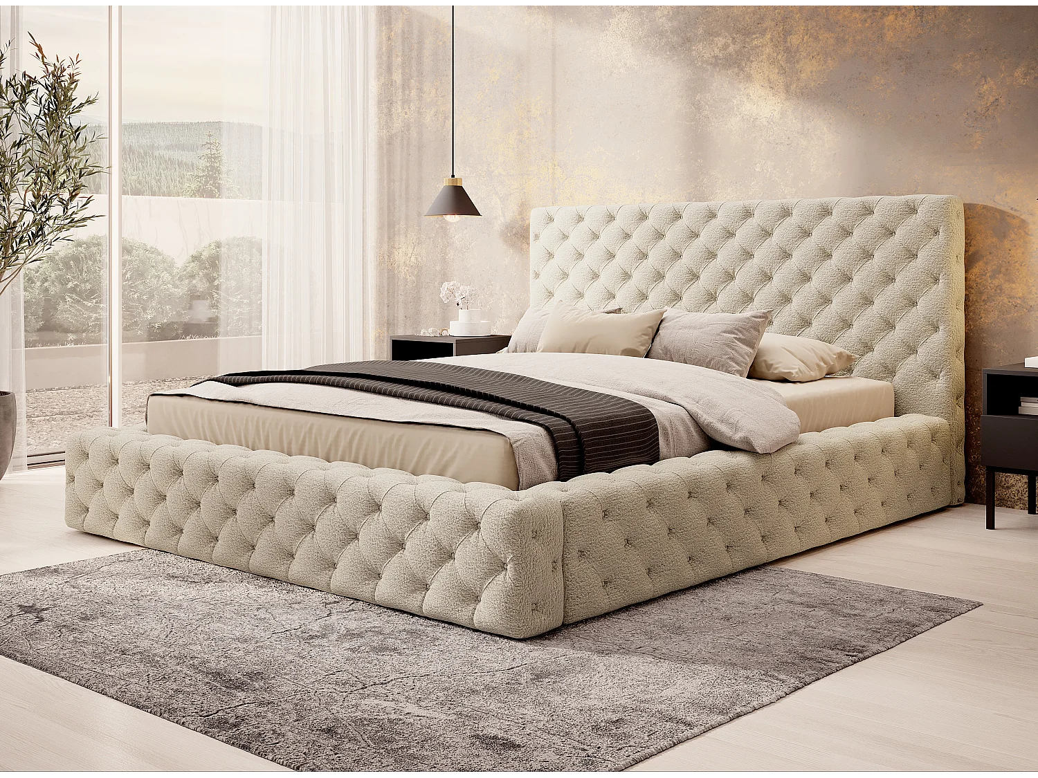 Lit design avec tête de lit et coffre capitonné velours beige Prince - 3 tailles-180x200