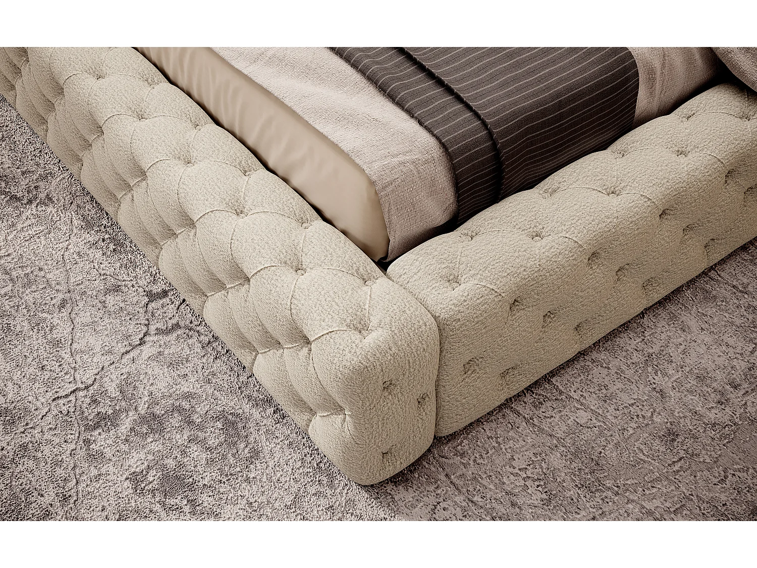 Lit design avec tête de lit et coffre capitonné velours beige Prince - 3 tailles-180x200