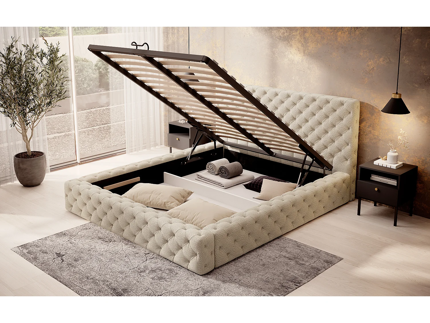 Prince prestige opbergbed – Elegantie van gewatteerd fluweel-Kleur Licht beige-Slapen 180x200cm