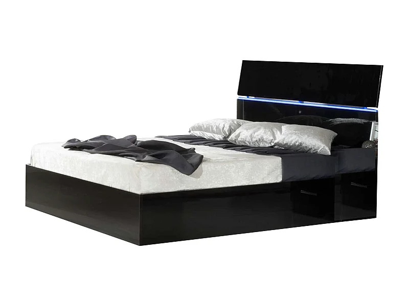 Lit coffre bois noir laqué et tête de lit noire laquée avec led Mona-Couchage 160x200 cm