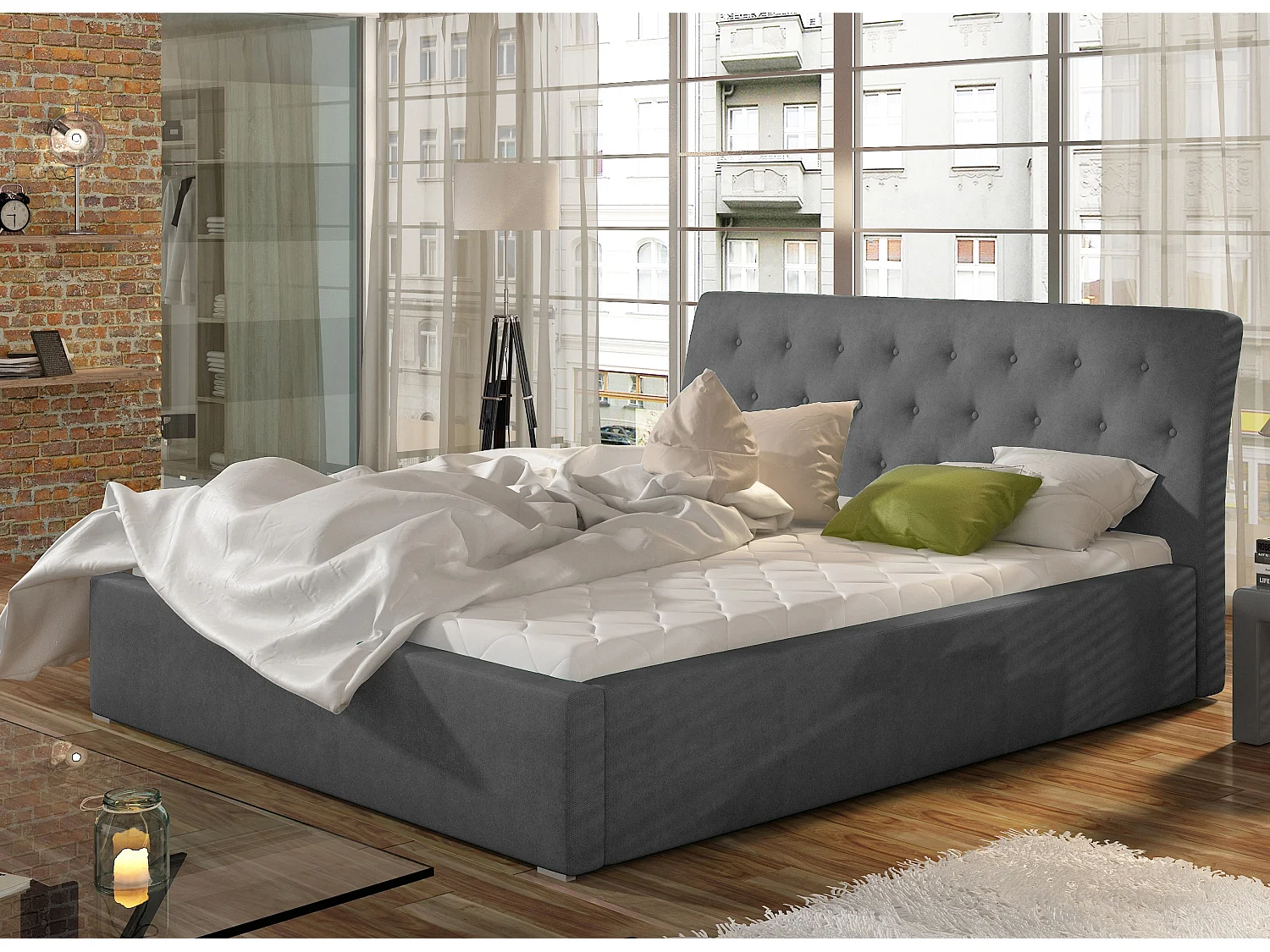 Venizia gewatteerd fluwelen bed-Kleur Grijs-Slapen 180x200cm-Versie opslagruimte