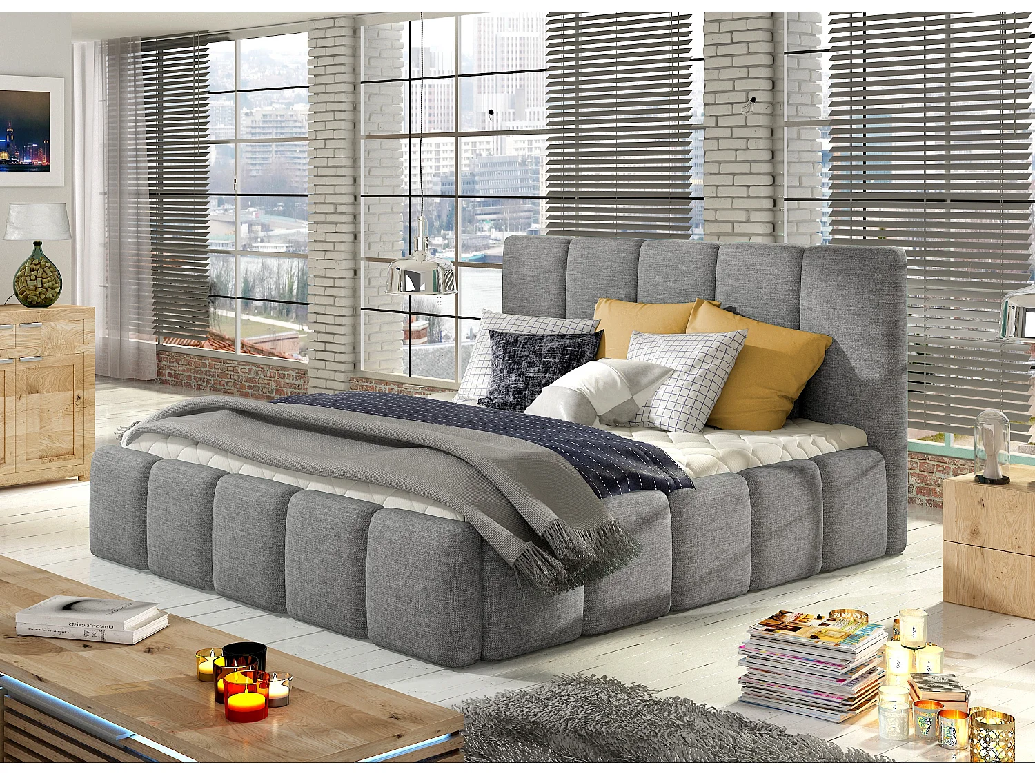 Modern gestoffeerd bed in Vika-stof-Kleur Grijs-Slapen 160x200cm-Versie met boxspring