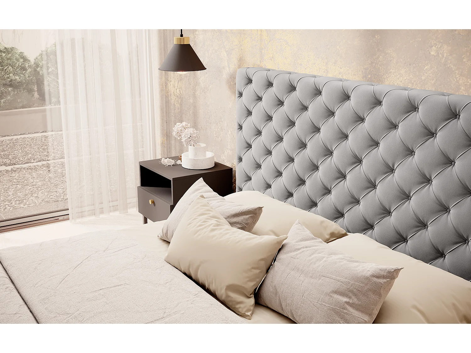 Lit design avec tête de lit et coffre capitonné velours gris Prince - 3 tailles-140x200