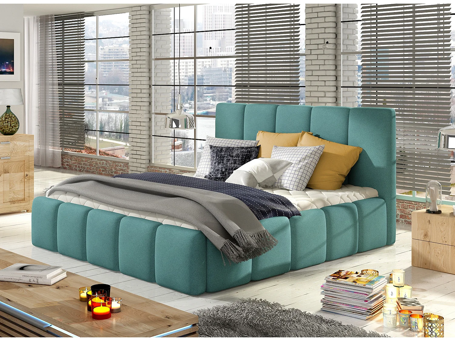 Modern gestoffeerd bed in Vika-stof-Kleur Celadongroen-Slapen 140x200cm-Versie zonder boxspring