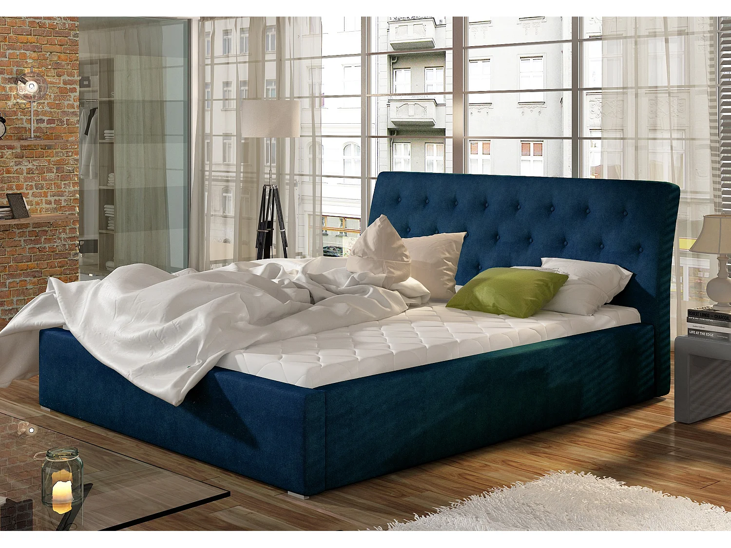 Lit velours capitonné Venizia-Couleur Bleu nuit-140x200-Version avec sommier