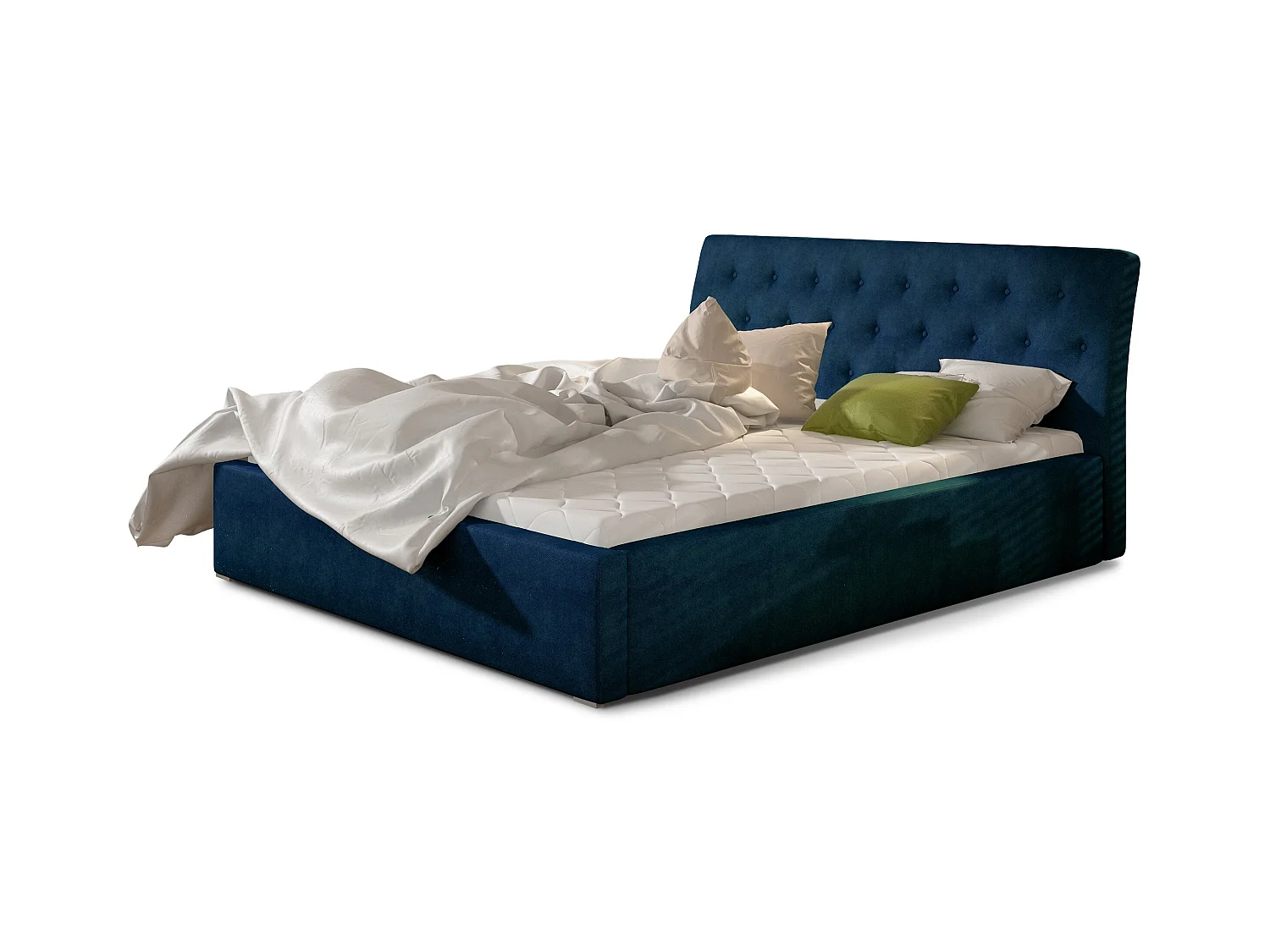 Lit velours capitonné Venizia-Couleur Bleu nuit-140x200-Version avec sommier