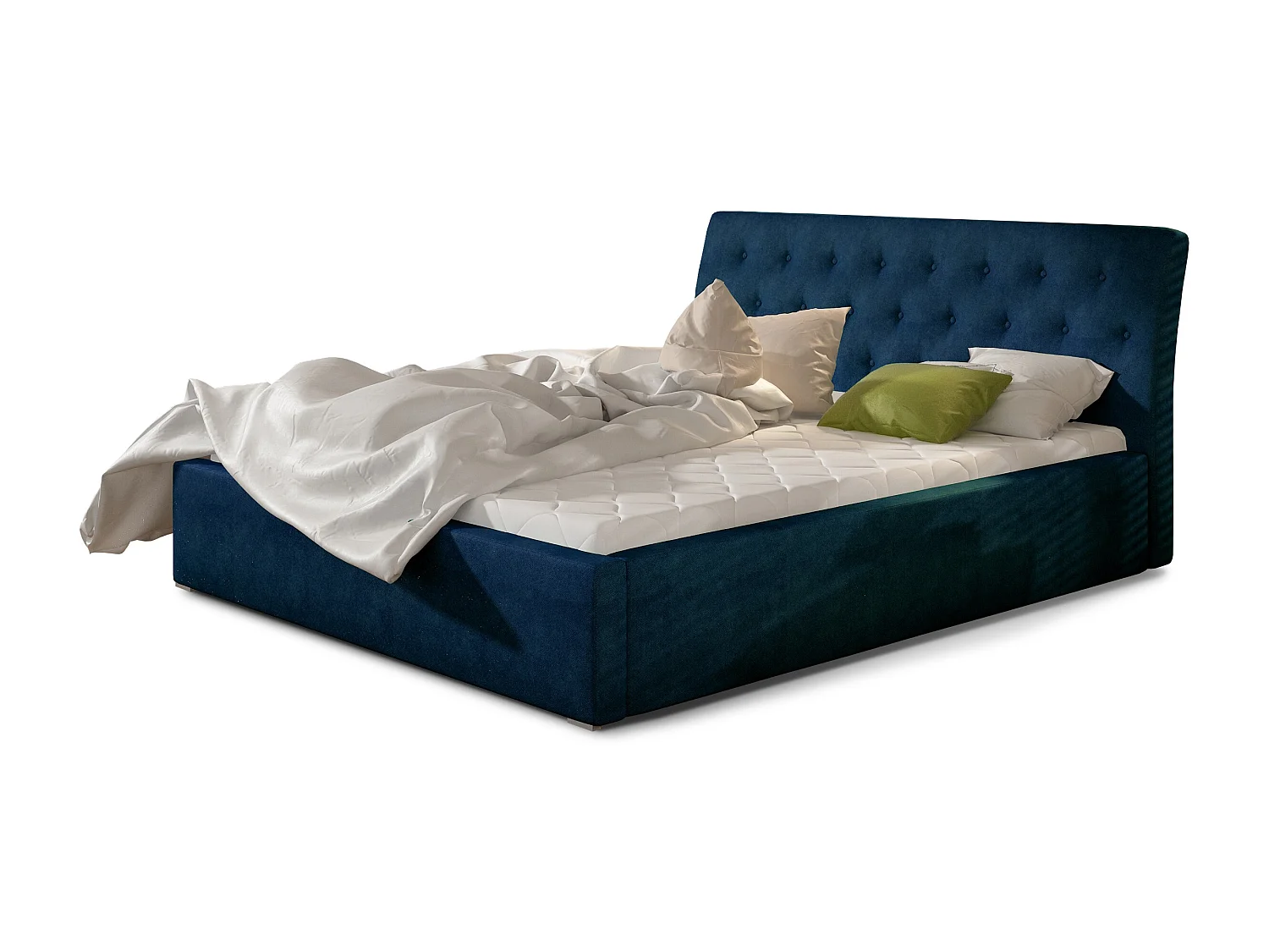 Lit velours capitonné Venizia-Couleur Bleu nuit-140x200-Version avec sommier