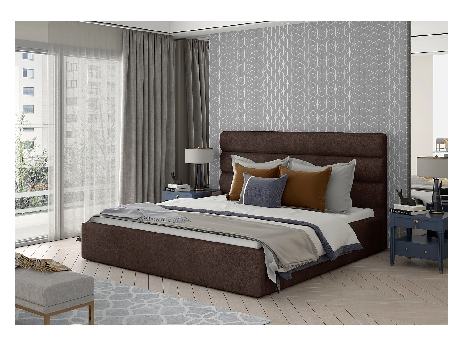 Lit design tissu doux marron avec coffre de rangement Klarina - 4 tailles-140x200