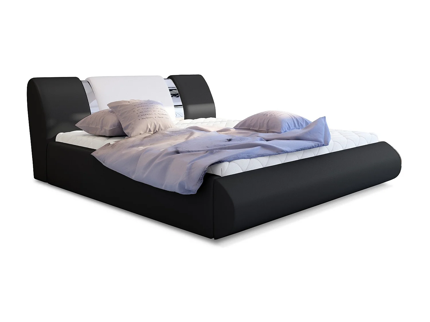 Lit coffre 140x200 simili noir-blanc et métal chromé Flavien