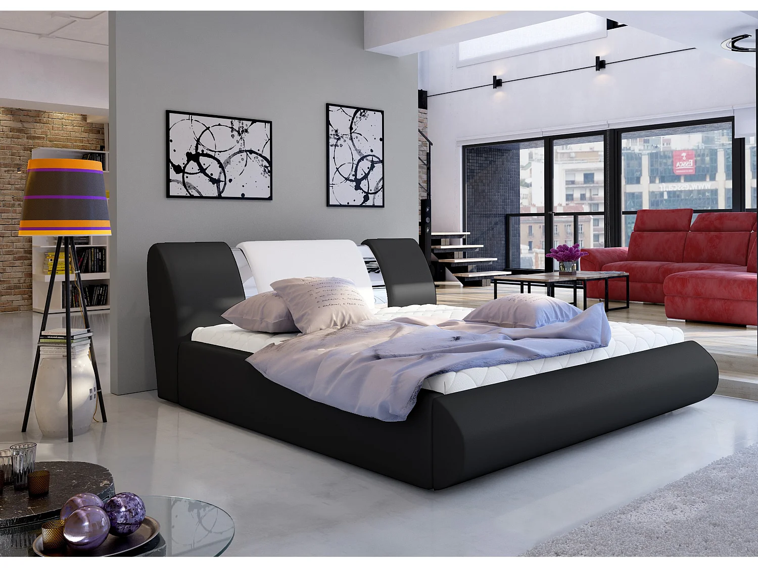 Lit coffre 140x200 simili noir-blanc et métal chromé Flavien