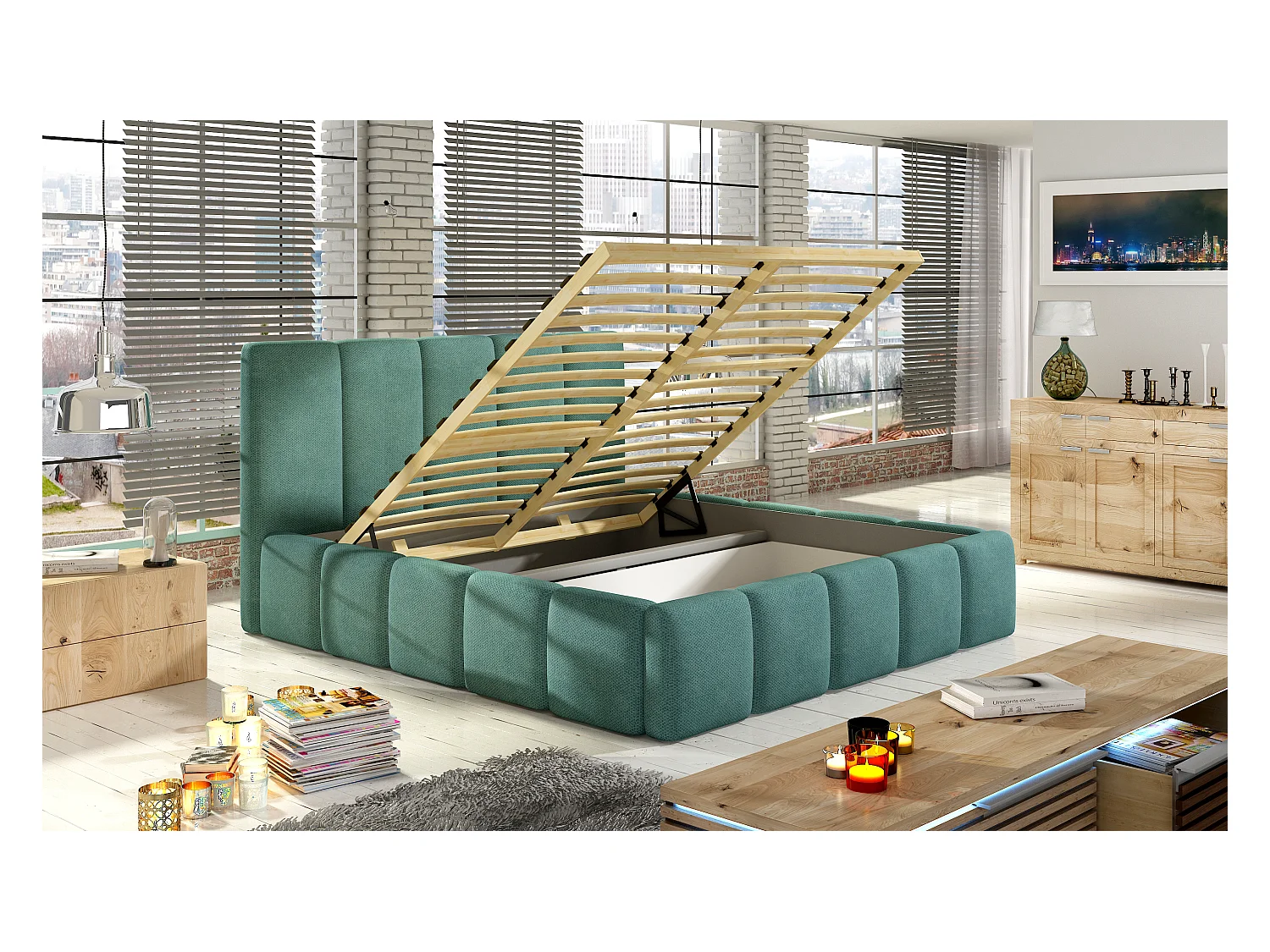 Modern gestoffeerd bed in Vika-stof-Kleur Heide zwart-Slapen 160x200cm-Versie zonder boxspring
