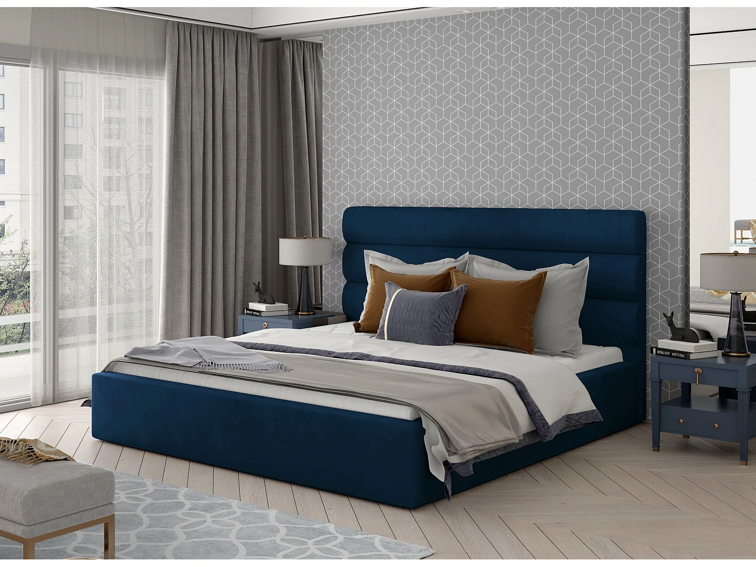 Lit design velours bleu nuit avec coffre de rangement Klarina - 4 tailles-140x200