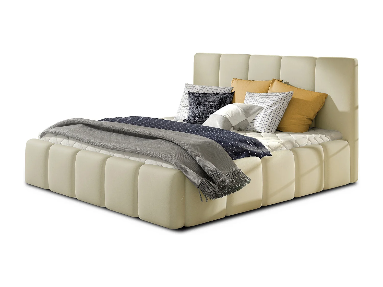 Lit moderne capitonné cuir synthétique Vika-Couleur Crème-140x200-Version avec sommier