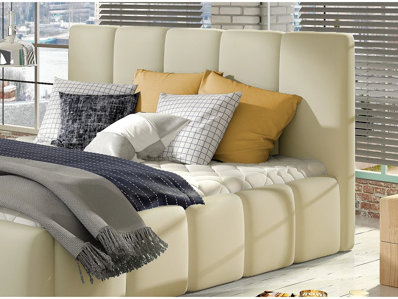 Lit moderne capitonné cuir synthétique Vika-Couleur Crème-140x200-Version avec sommier