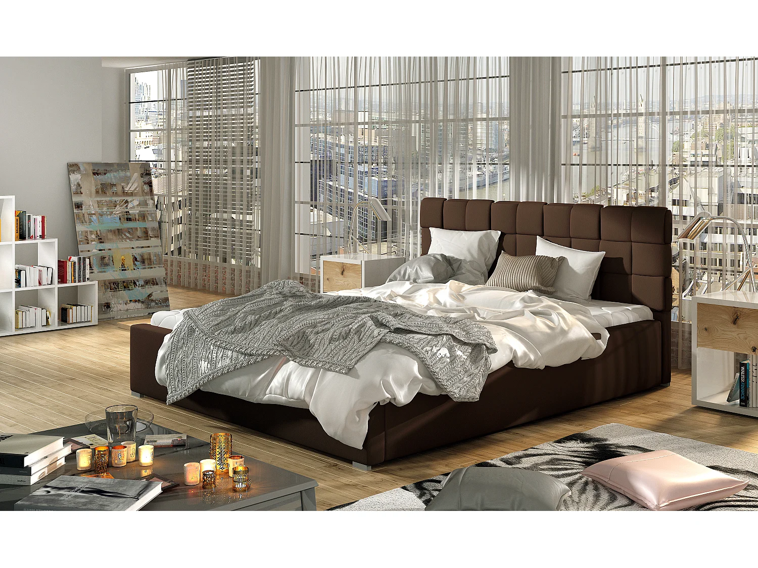 Lit avec coffre de rangement 140x200 capitonné simili cuir marron Kandy