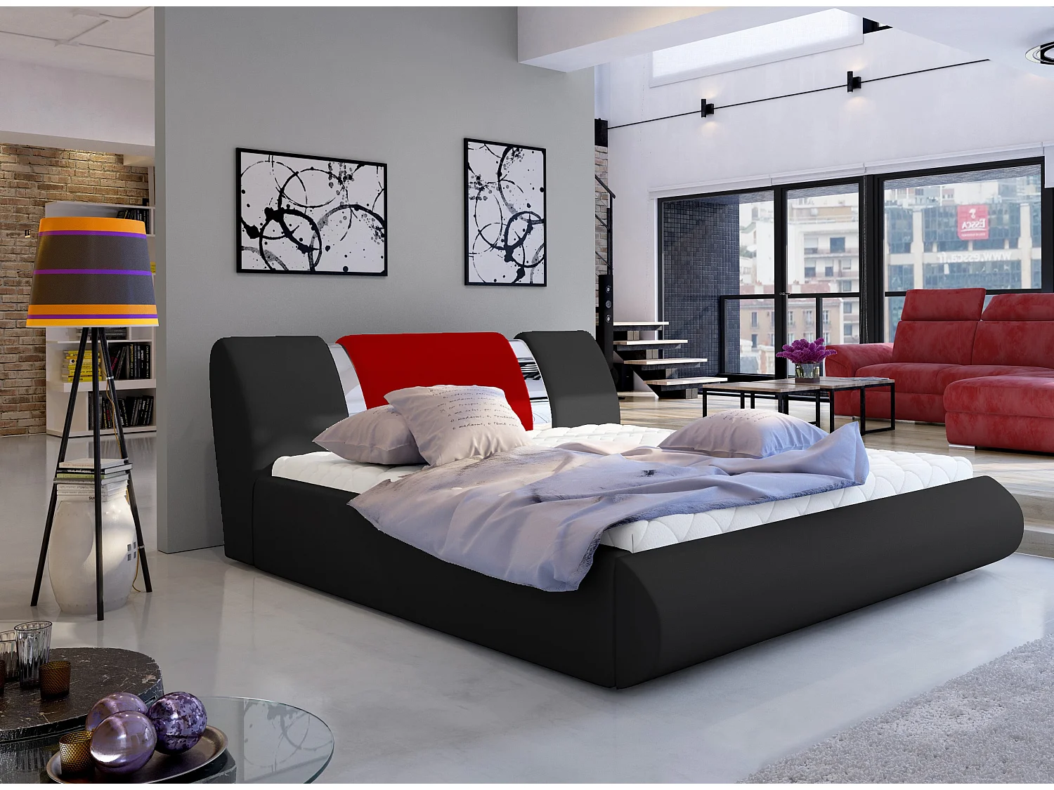 Lit coffre 160x200 simili noir-rouge et métal chromé Flavien