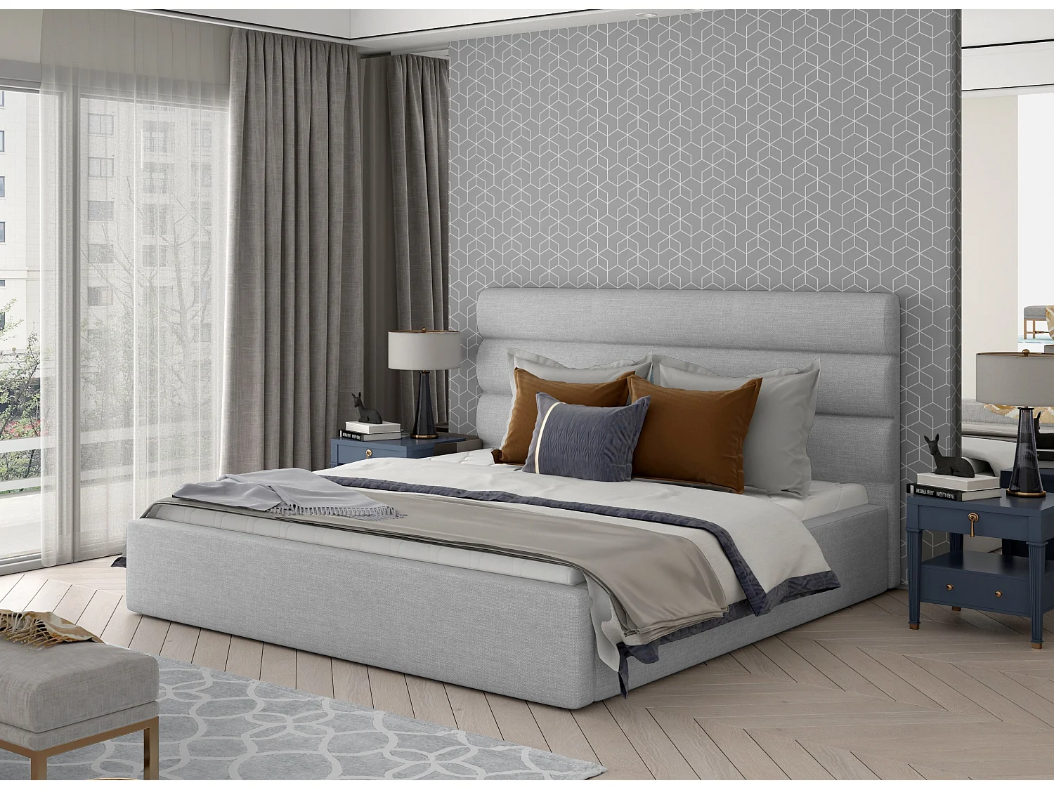 Lit design tissu gris souris avec coffre de rangement Klarina - 4 tailles-180x200