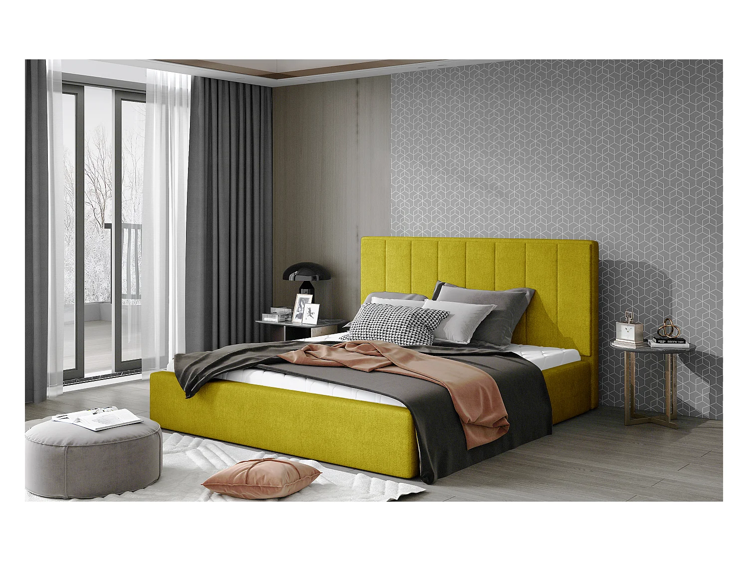 Lit rembourré de luxe tissu Vareze-Couleur Anthracite.-140x200-Version avec sommier