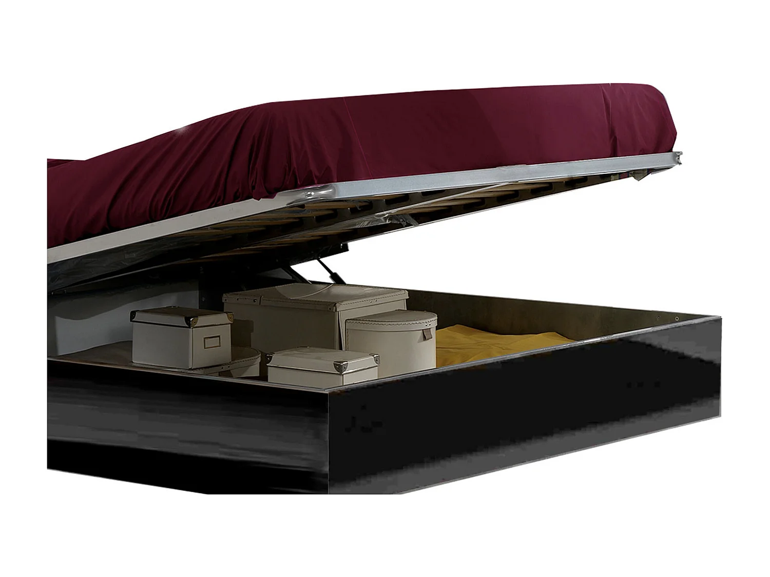 Zwart gelakt houten opbergbed en zwart gelakt hoofdeinde met LED Mona-Slapen 140x190cm