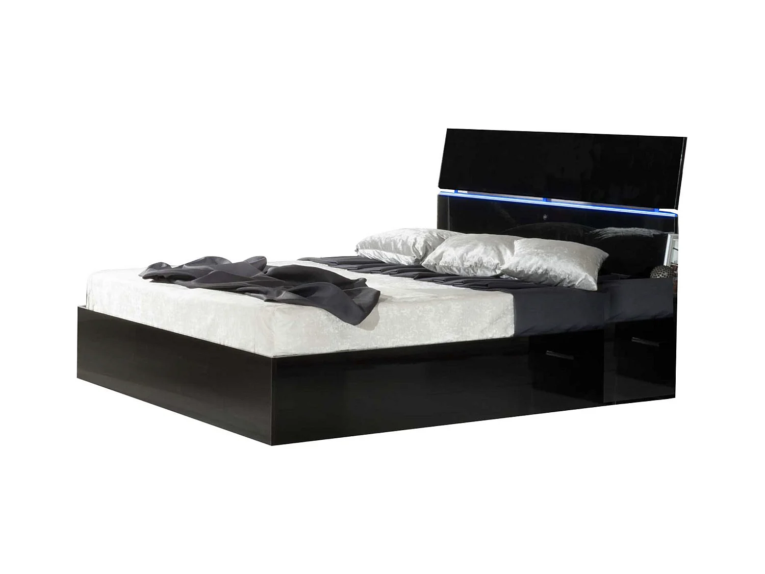 Lit coffre bois noir laqué et tête de lit noire laquée avec led Mona-Couchage 140x190 cm