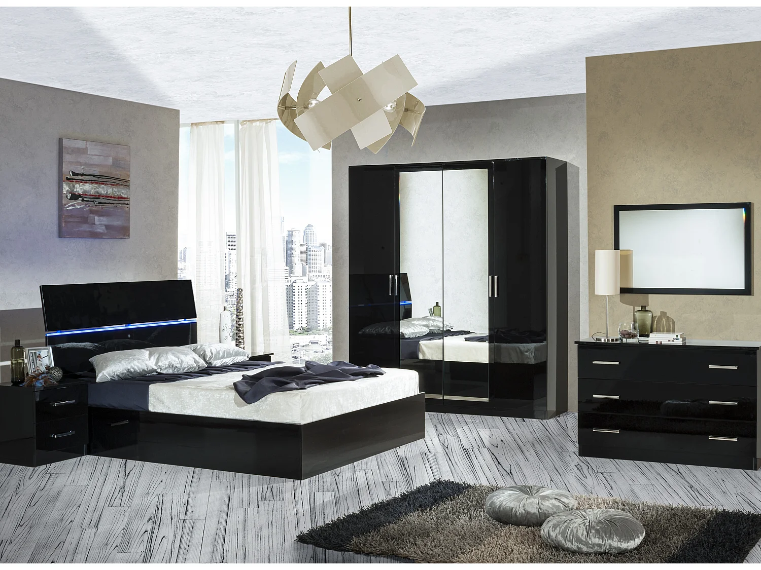 Lit coffre bois noir laqué et tête de lit noire laquée avec led Mona-Couchage 140x190 cm