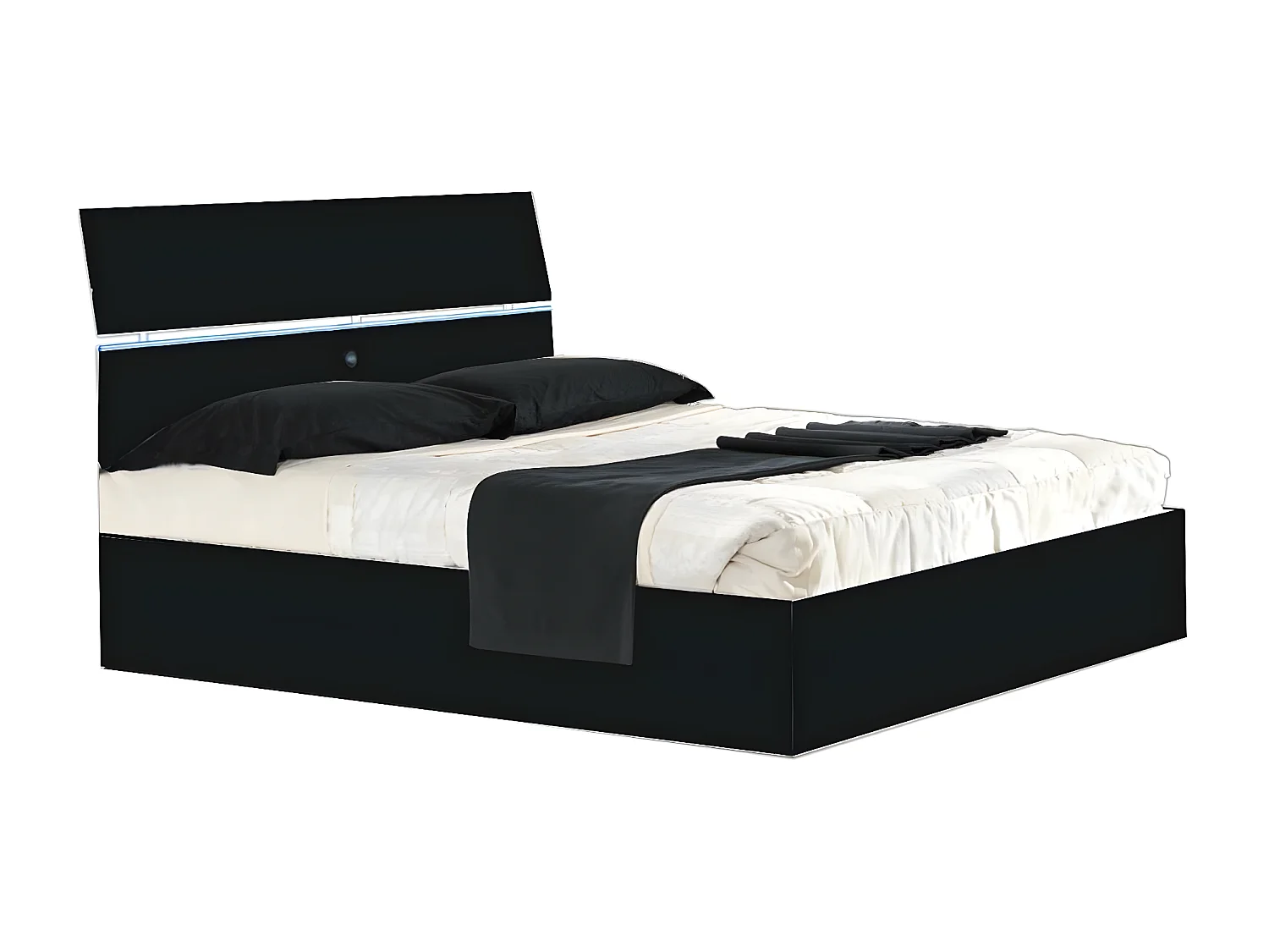 Lit coffre bois noir laqué et tête de lit noire laquée avec led Mona-Couchage 140x190 cm