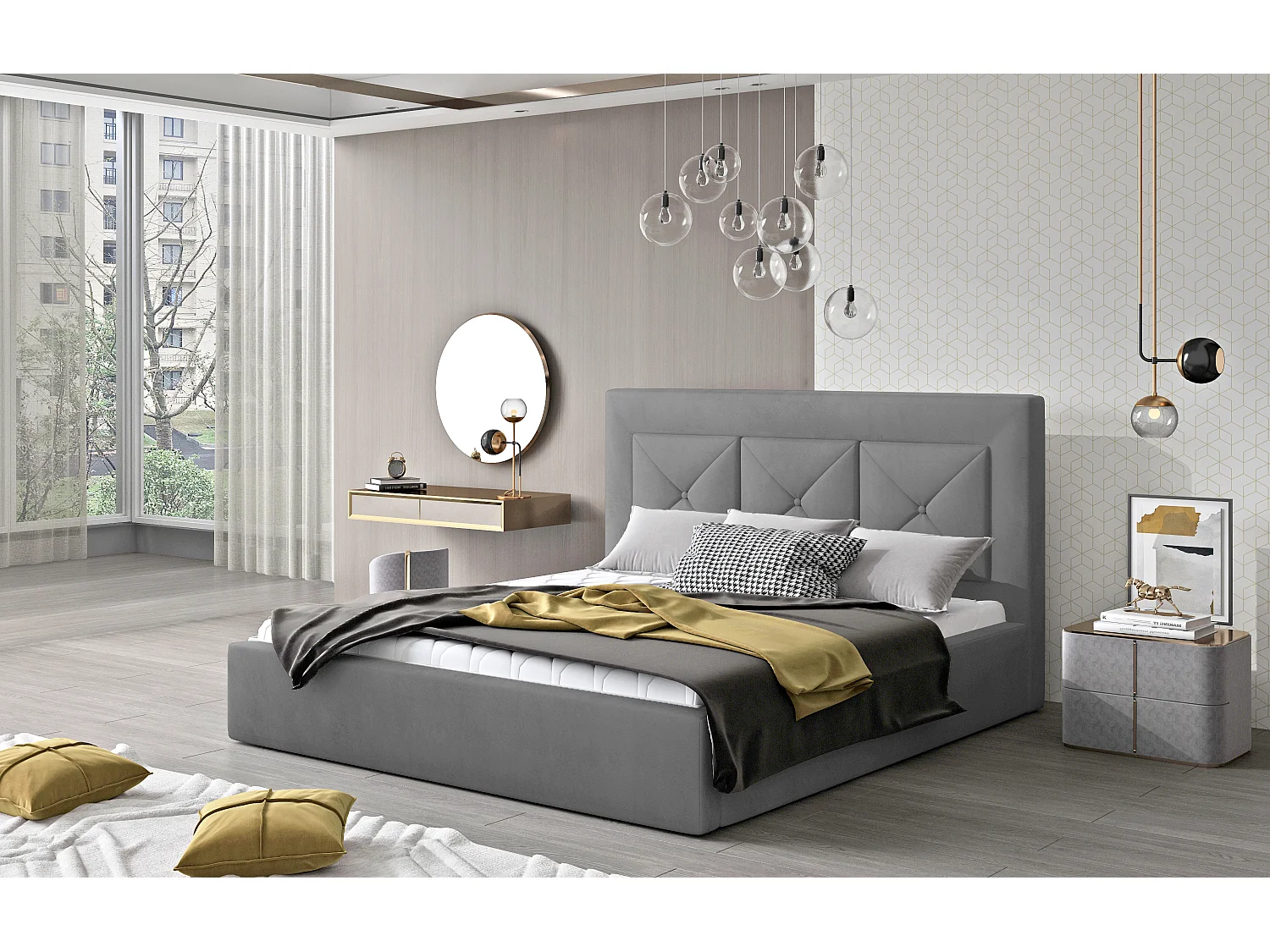 Lit double rembourré en velours Clarin-Couleur Gris-180x200-Version avec sommier