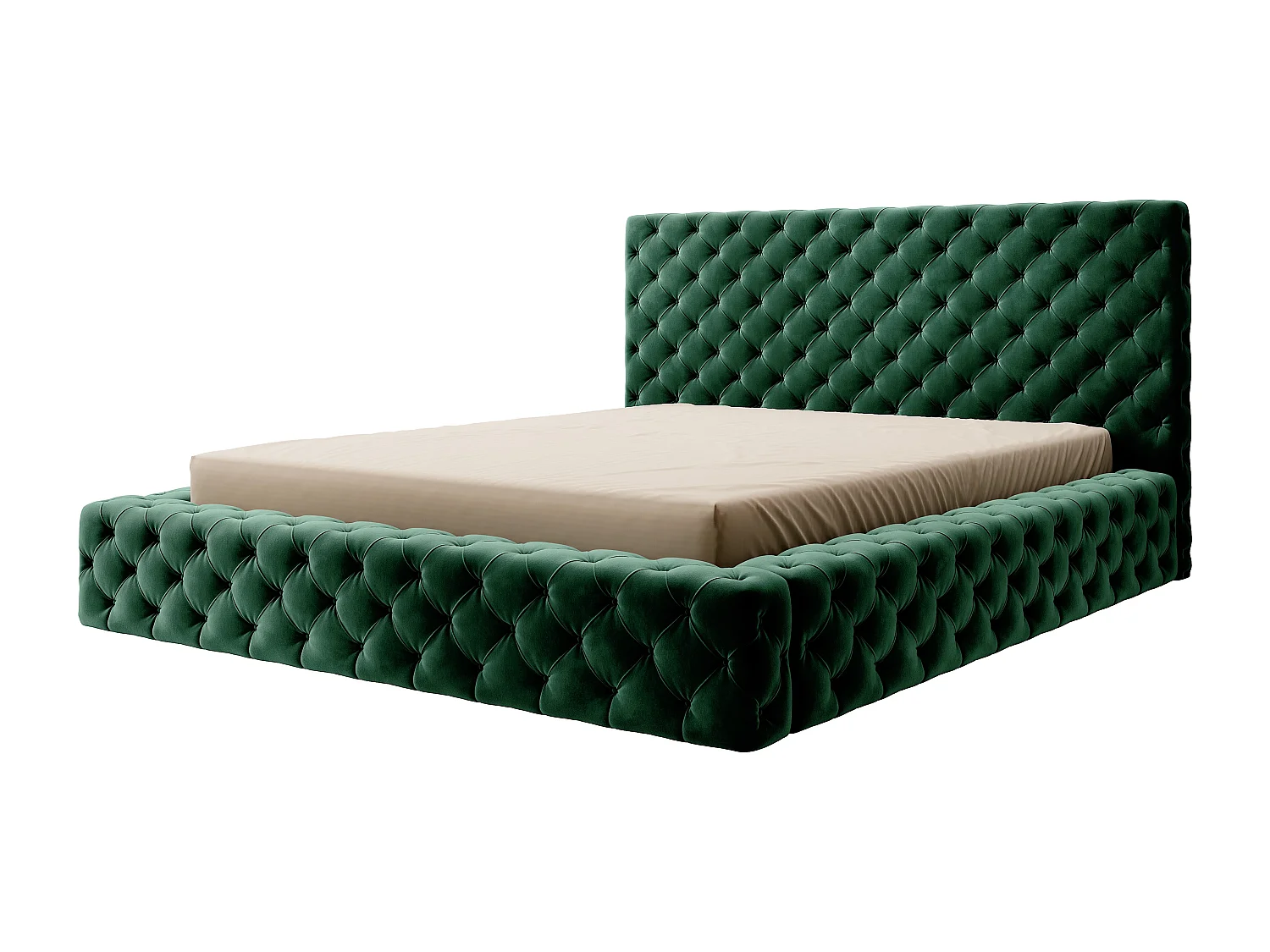 Lit design avec tête de lit et coffre capitonné velours vert Prince - 3 tailles-180x200