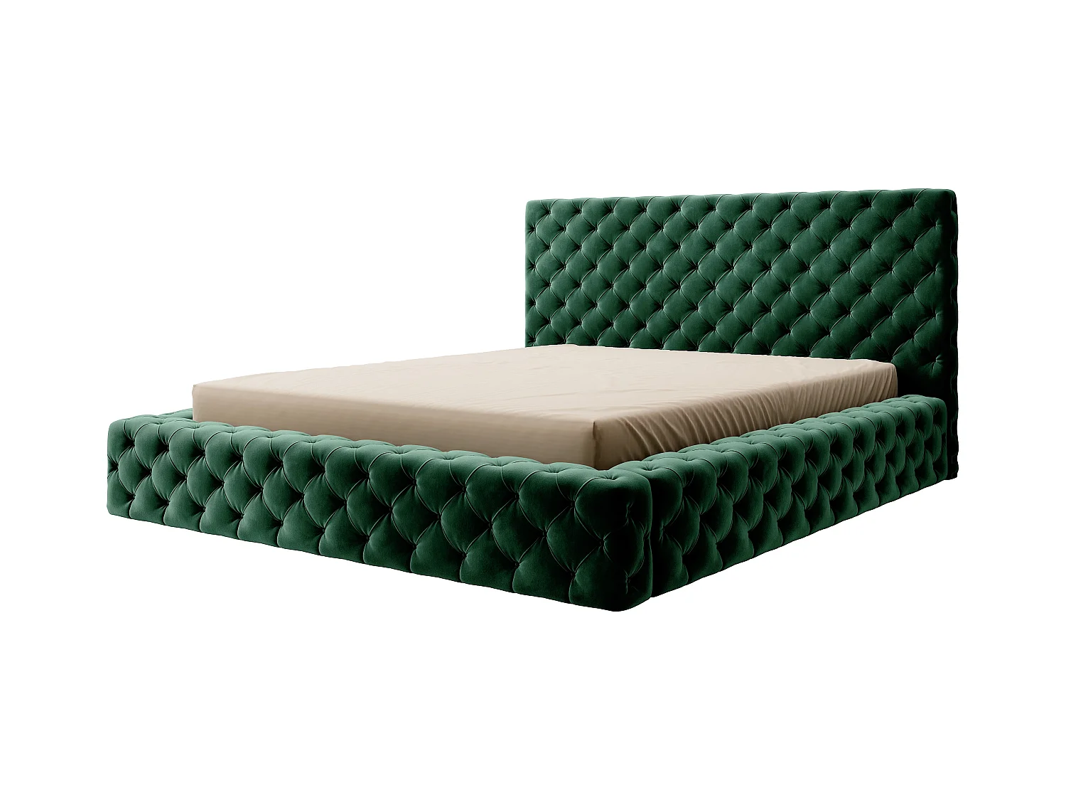 Lit design avec tête de lit et coffre capitonné velours vert Prince - 3 tailles-180x200