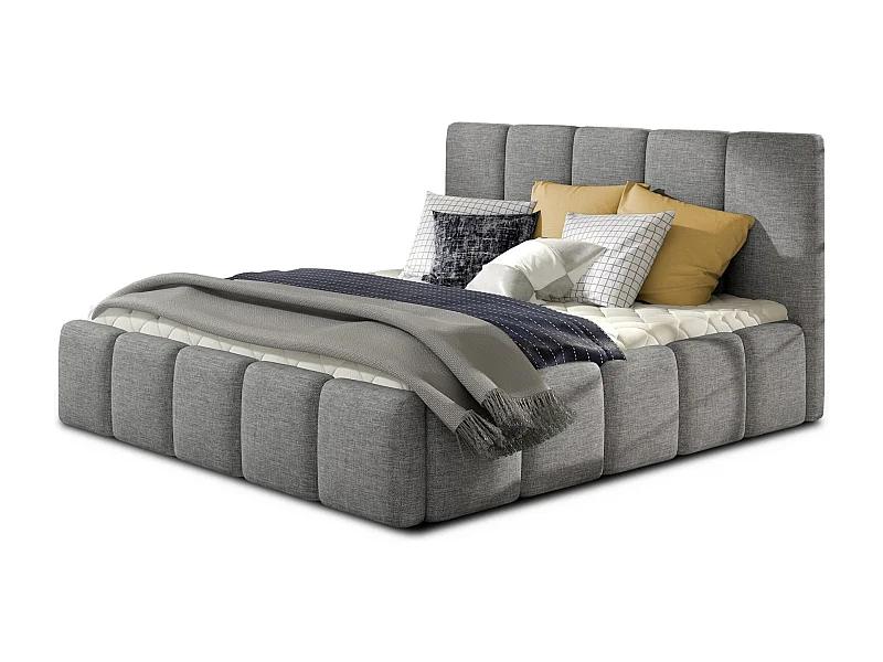 Lit adulte avec coffre de rangement Vika – Tissu capitonné-Gris-180x200