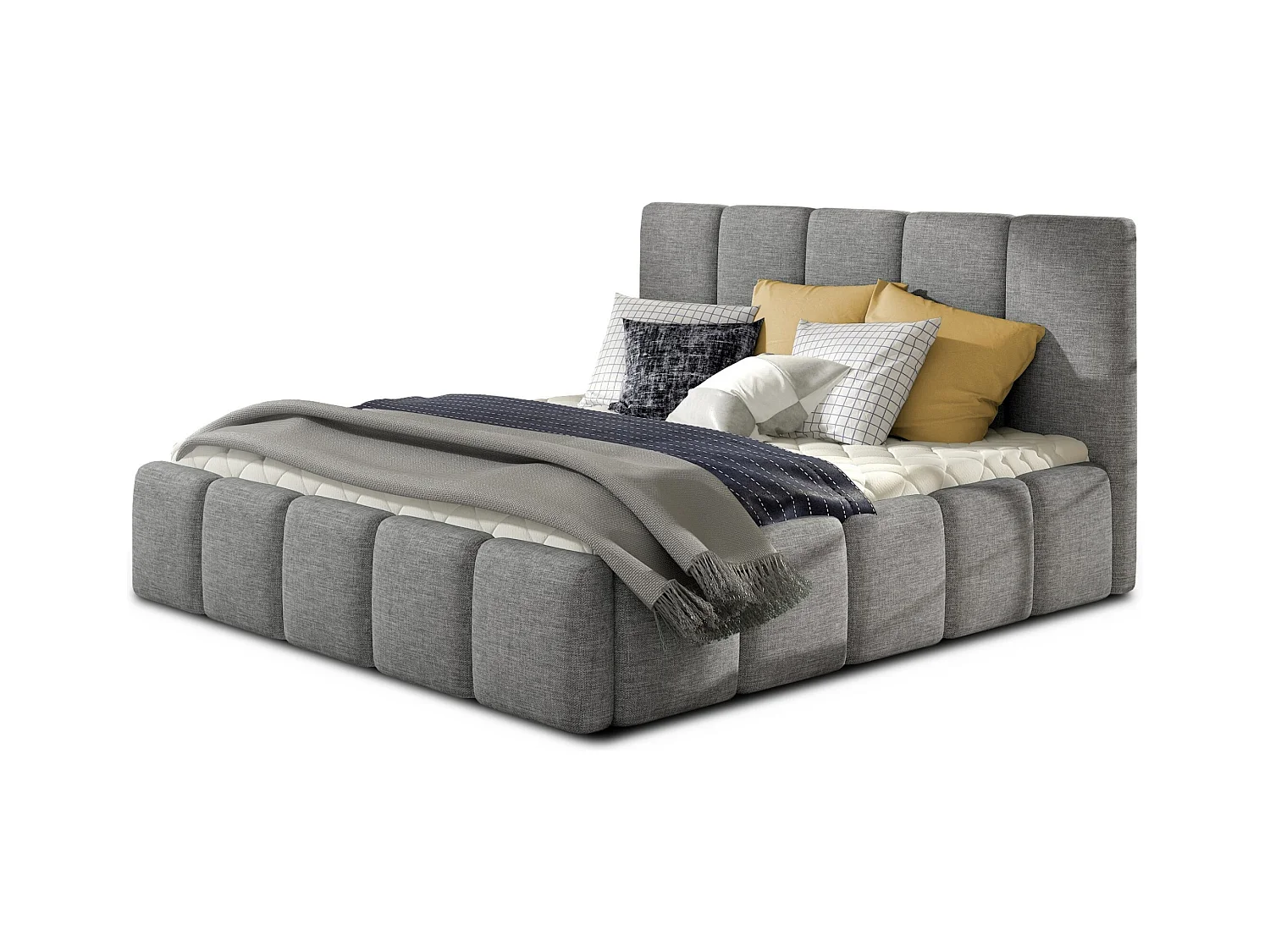 Lit adulte avec coffre de rangement Vika – Tissu capitonné-Gris-180x200