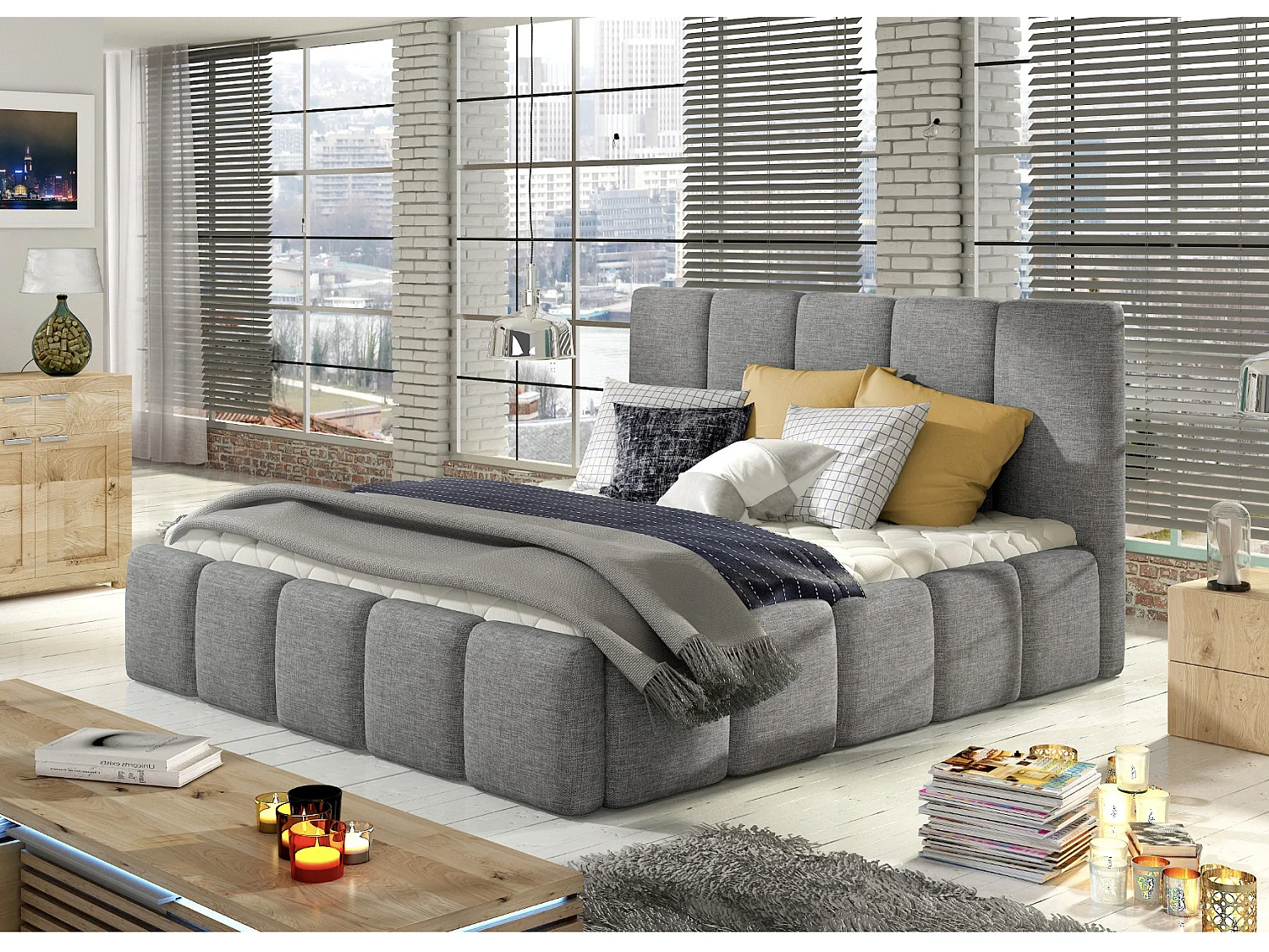 Lit adulte avec coffre de rangement Vika – Tissu capitonné-Gris-180x200